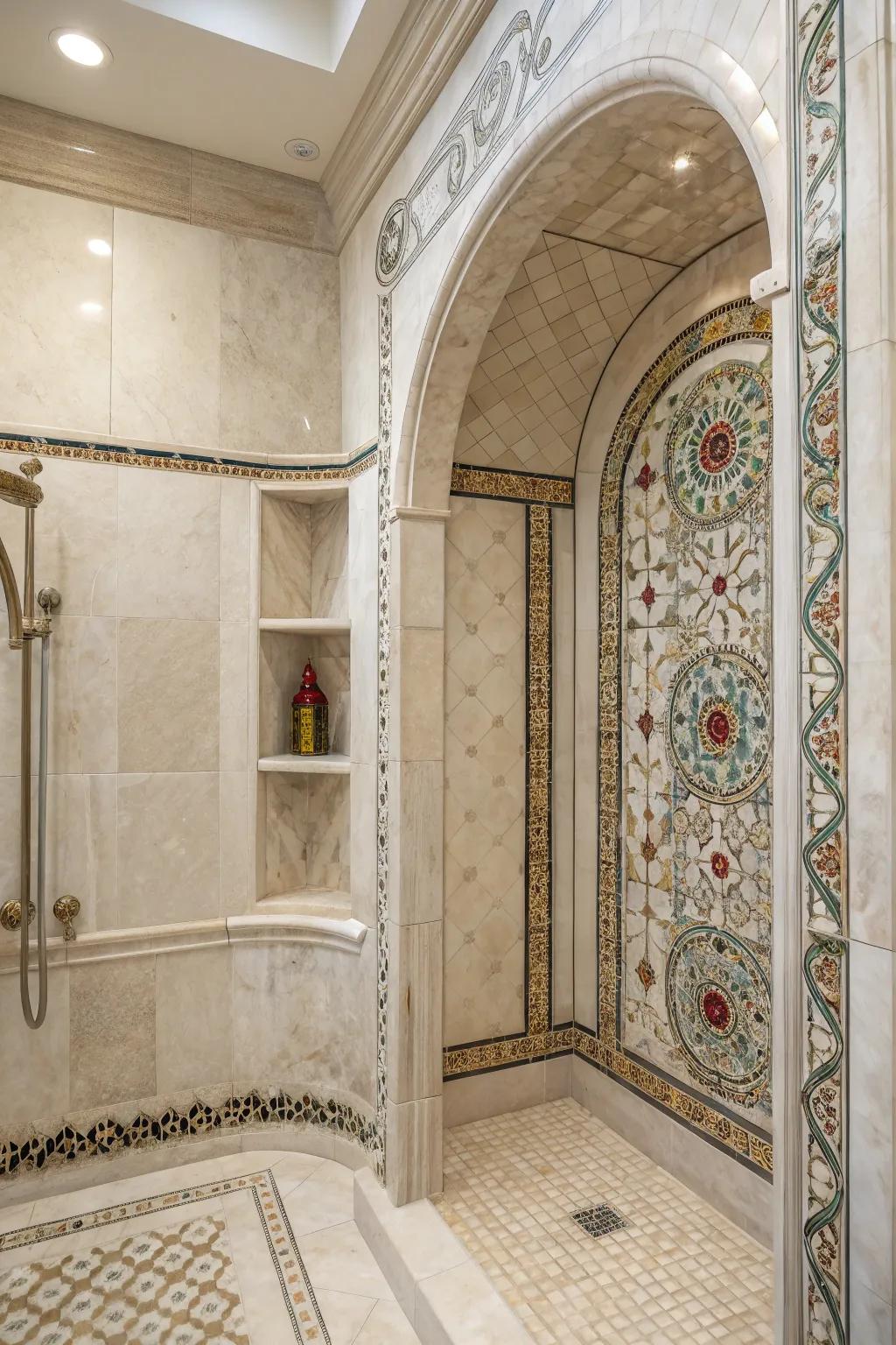 Creative accents can transform mineral composite showers into works of art.
