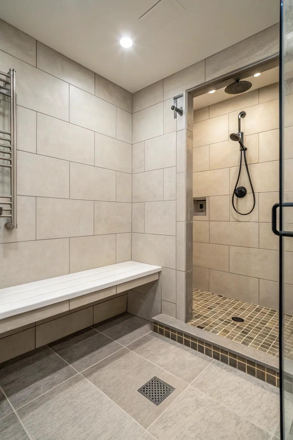 A built-in bench brings convenience and a spa-like feel to this shower.