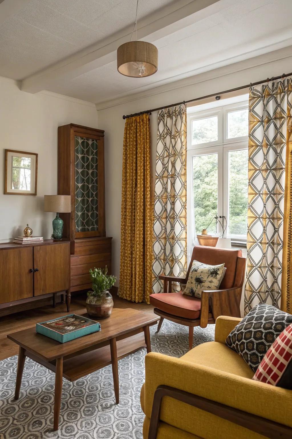 Geometric patterns inject retro allure.