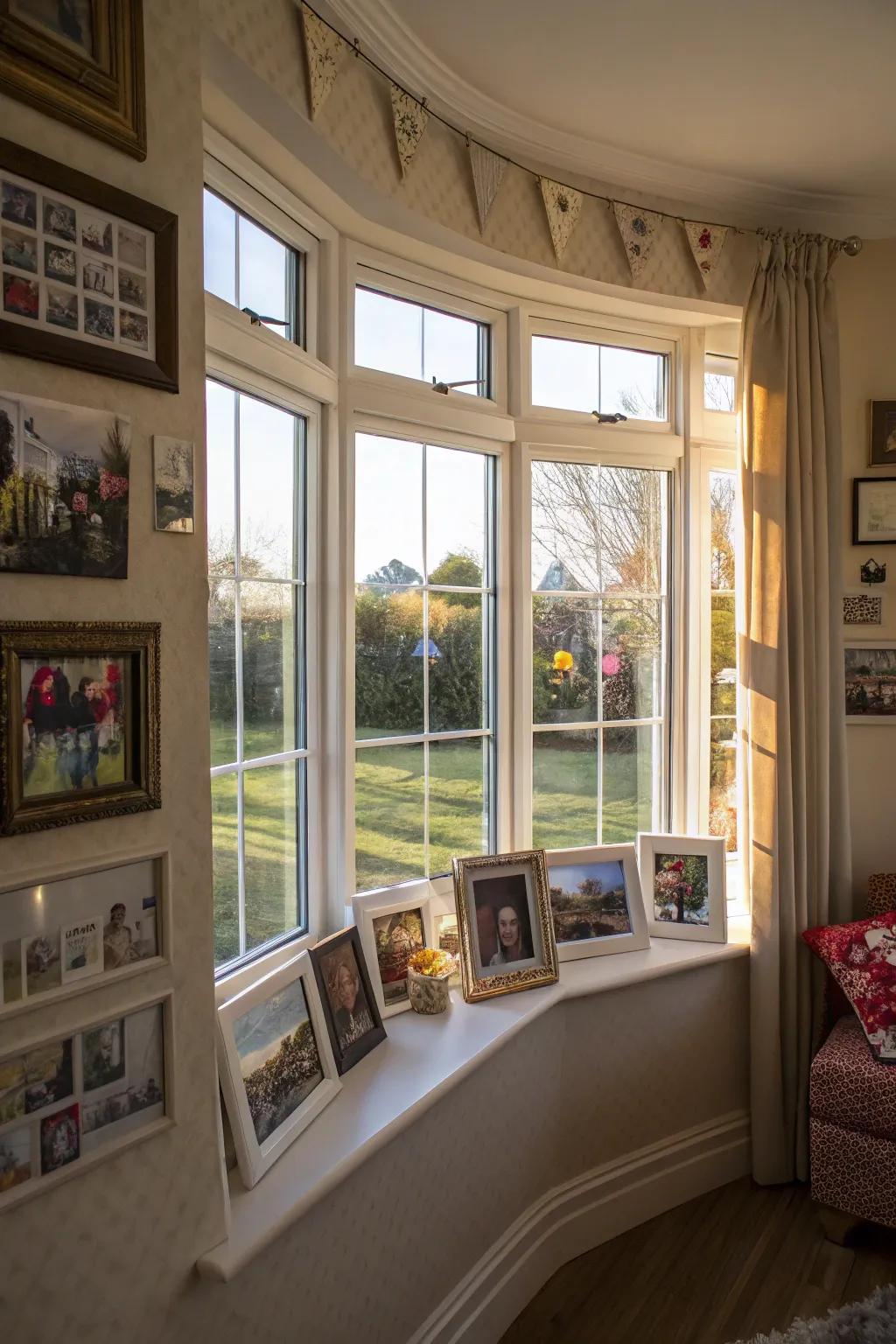Personal touches featuring photos and artworks in a curved bay window.