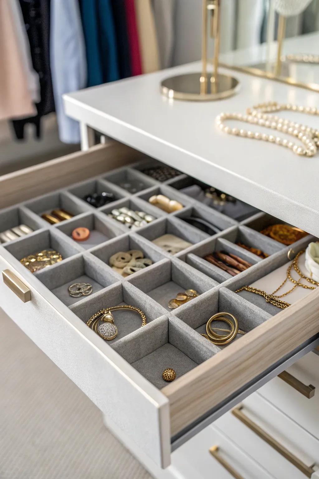 Drawer dividers keep small items neatly organized.
