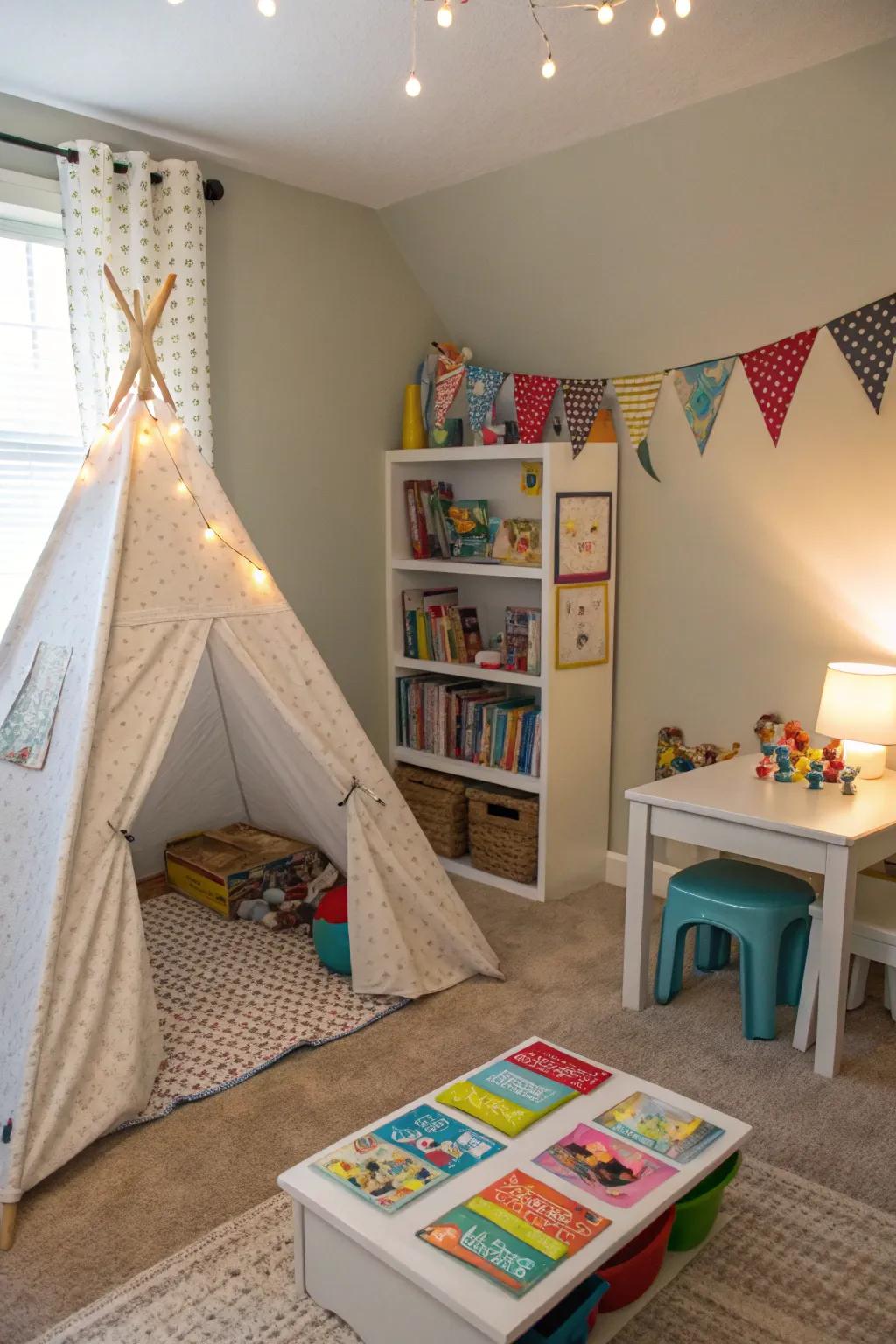 An interactive play zone fosters creativity and fun within the shared room.