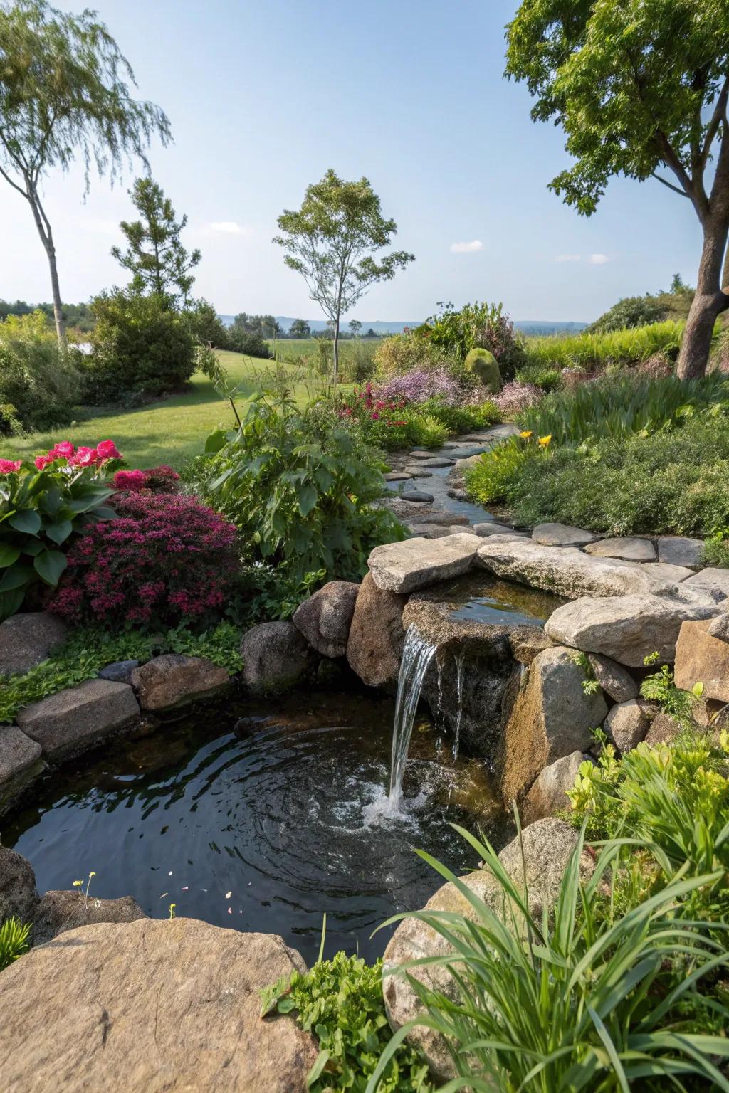 A stone aquatic display introduces serenity and a calming ambiance.