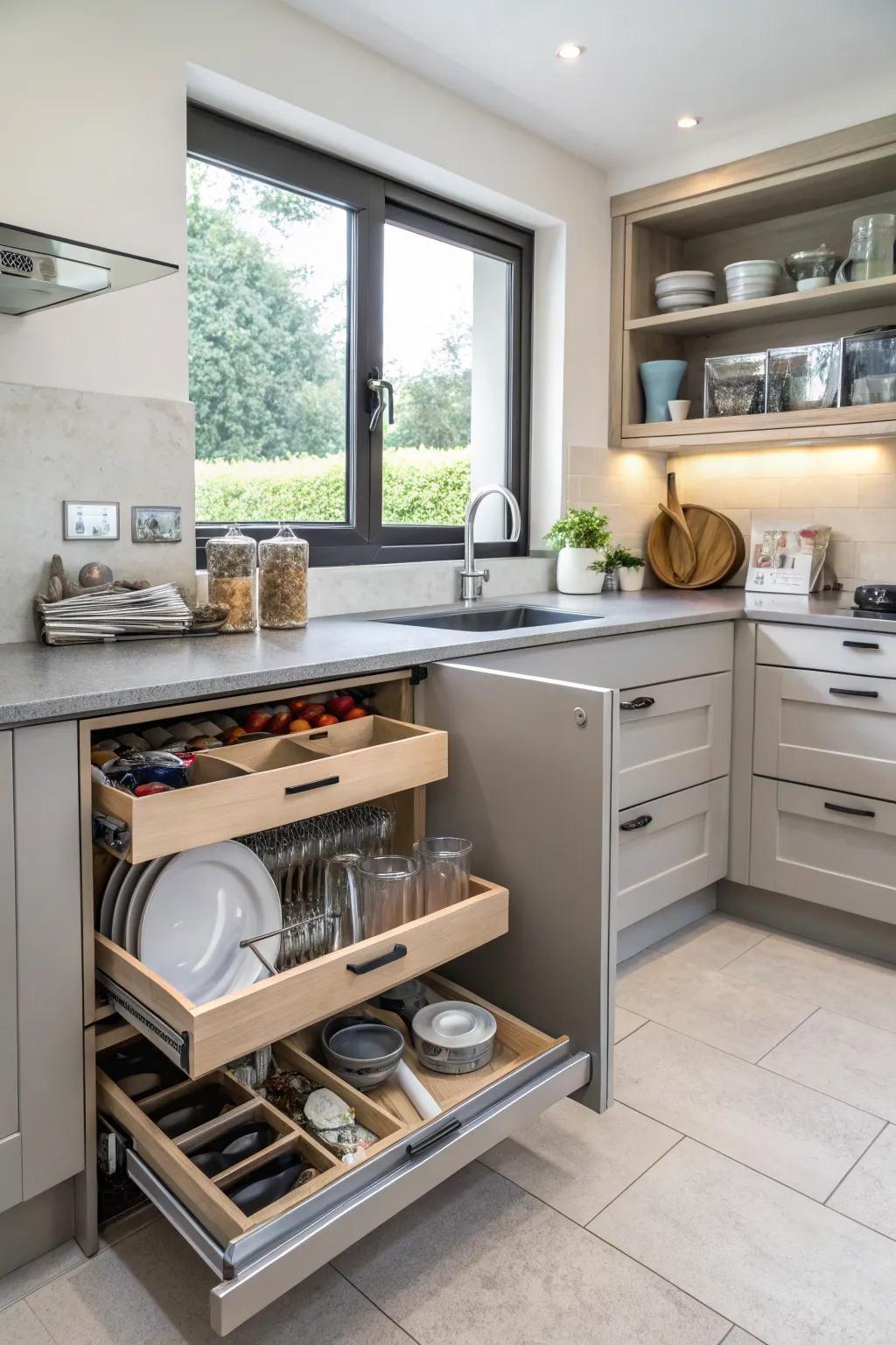 Concealed stowing resolutions sustain a well-ordered, tidy cooking space.