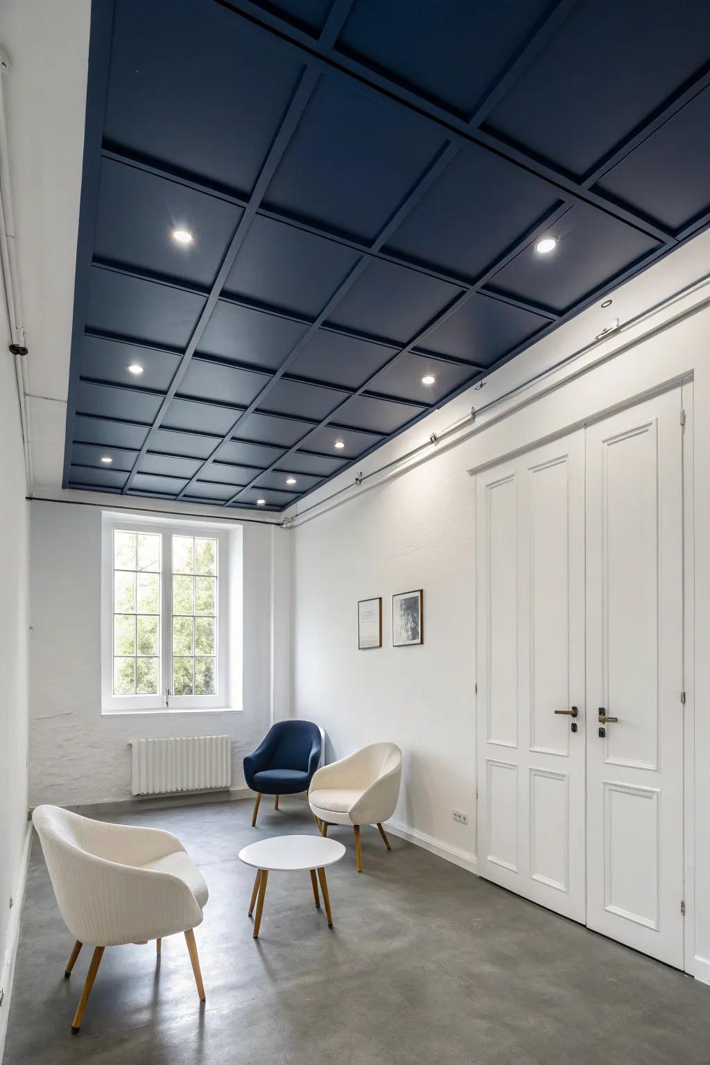 Contemporary minimalism enhanced by a deeply shaded cerulean overhead.