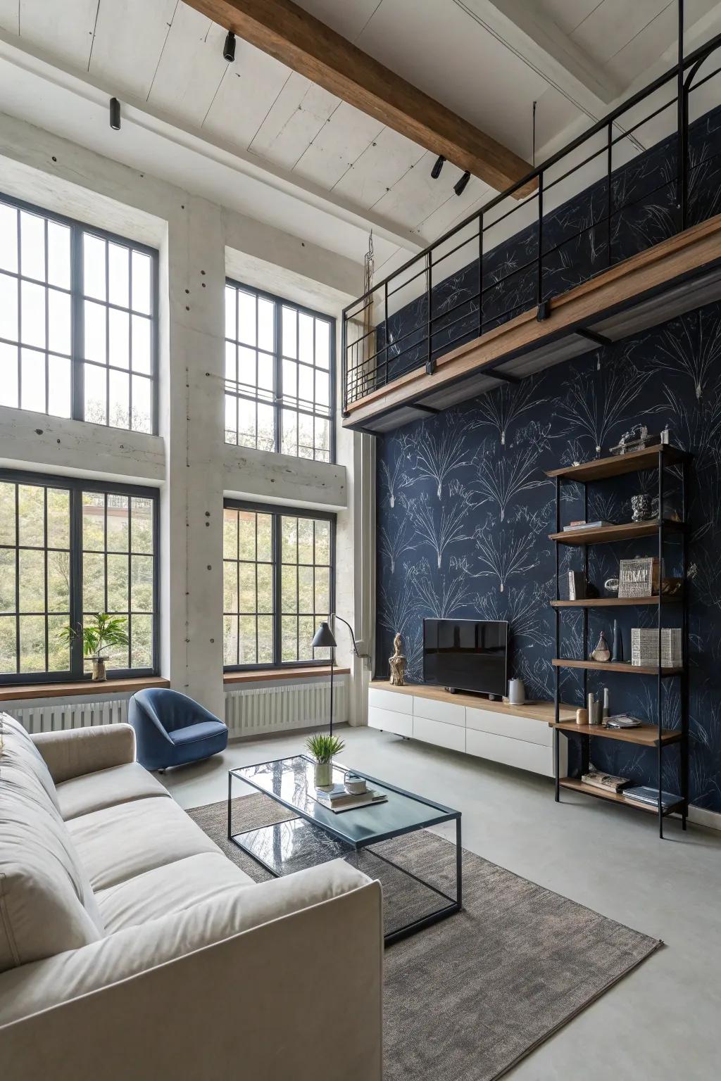 Industrial-style deep indigo wall coverings adds an edgy impression.