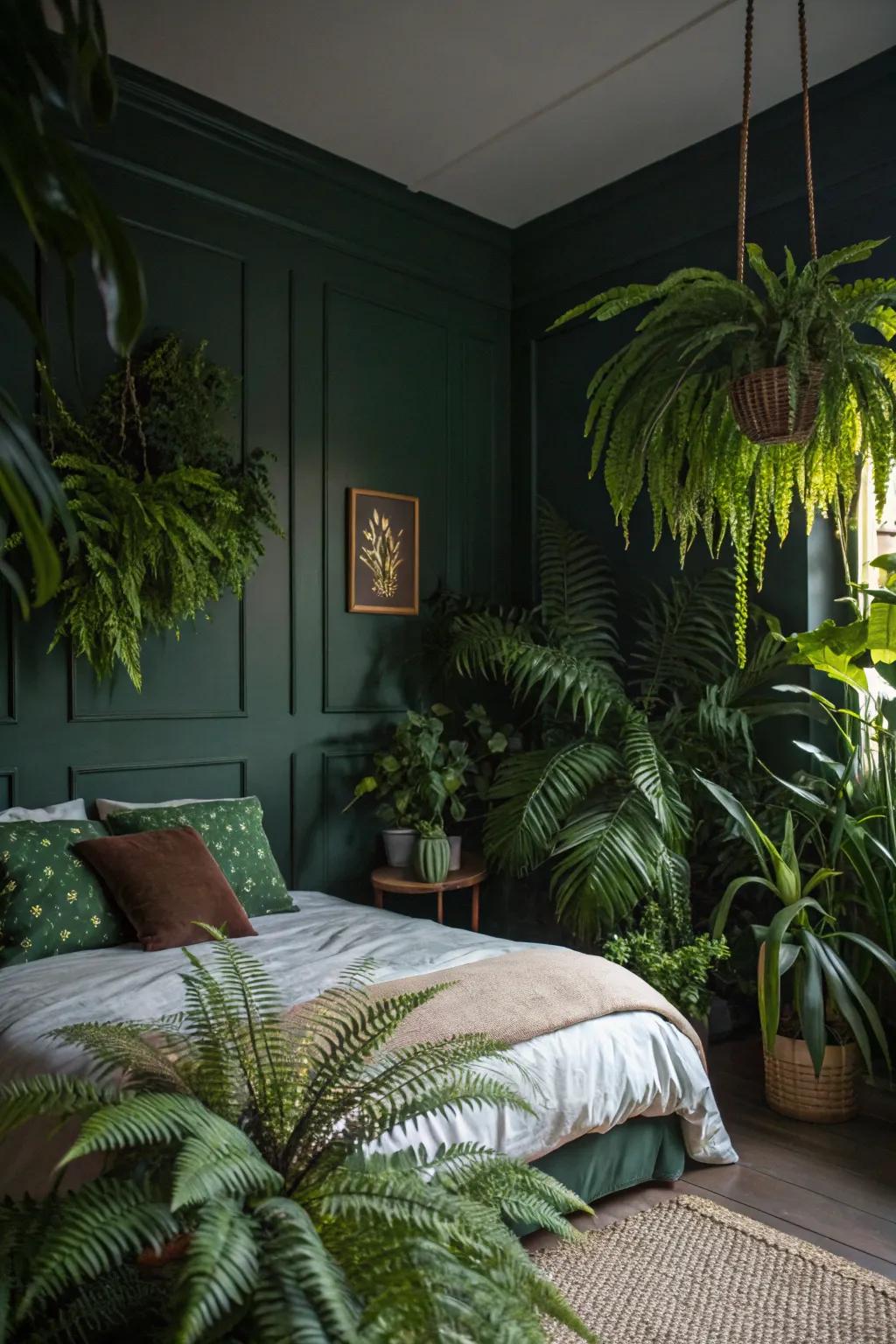 A shadowy jade bedroom infused with lush flora such as ferns and palms.