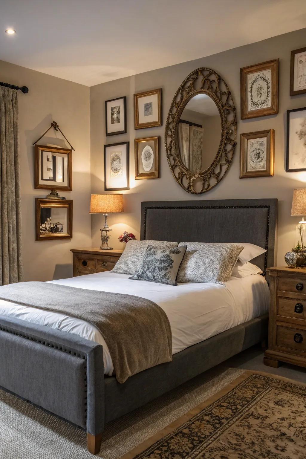 Reflectors mirror illumination and amplify the elegance of a grey-themed bedroom.