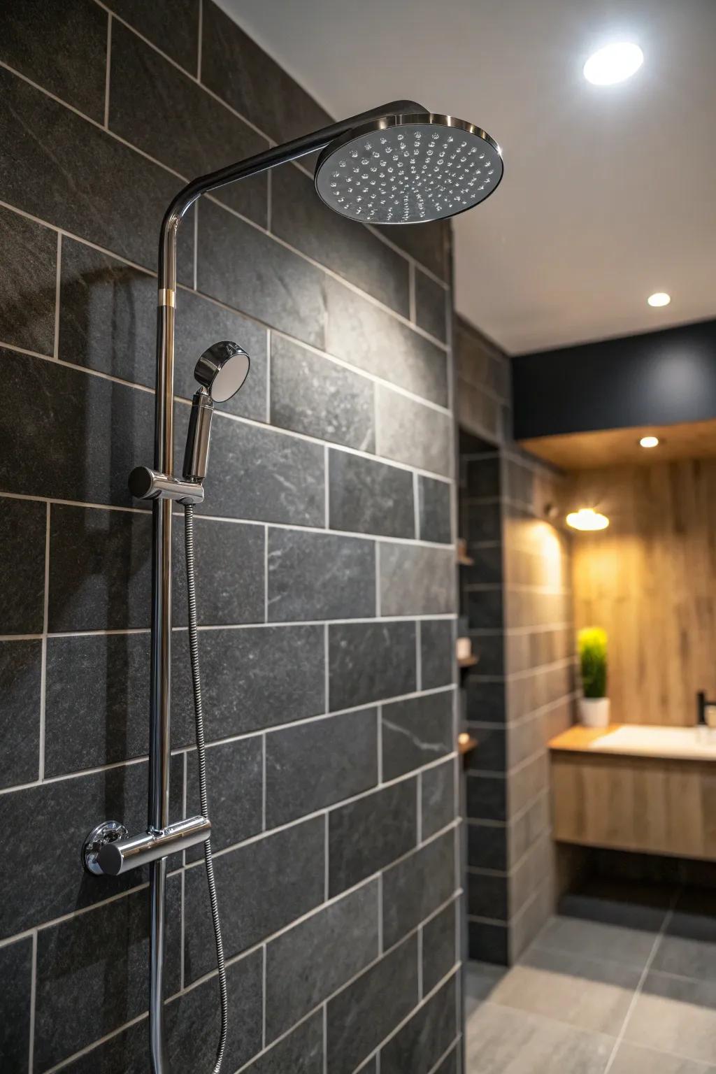 Lighting emphasizes the textures of dark charcoal tiling, crafting a dynamic aesthetic.