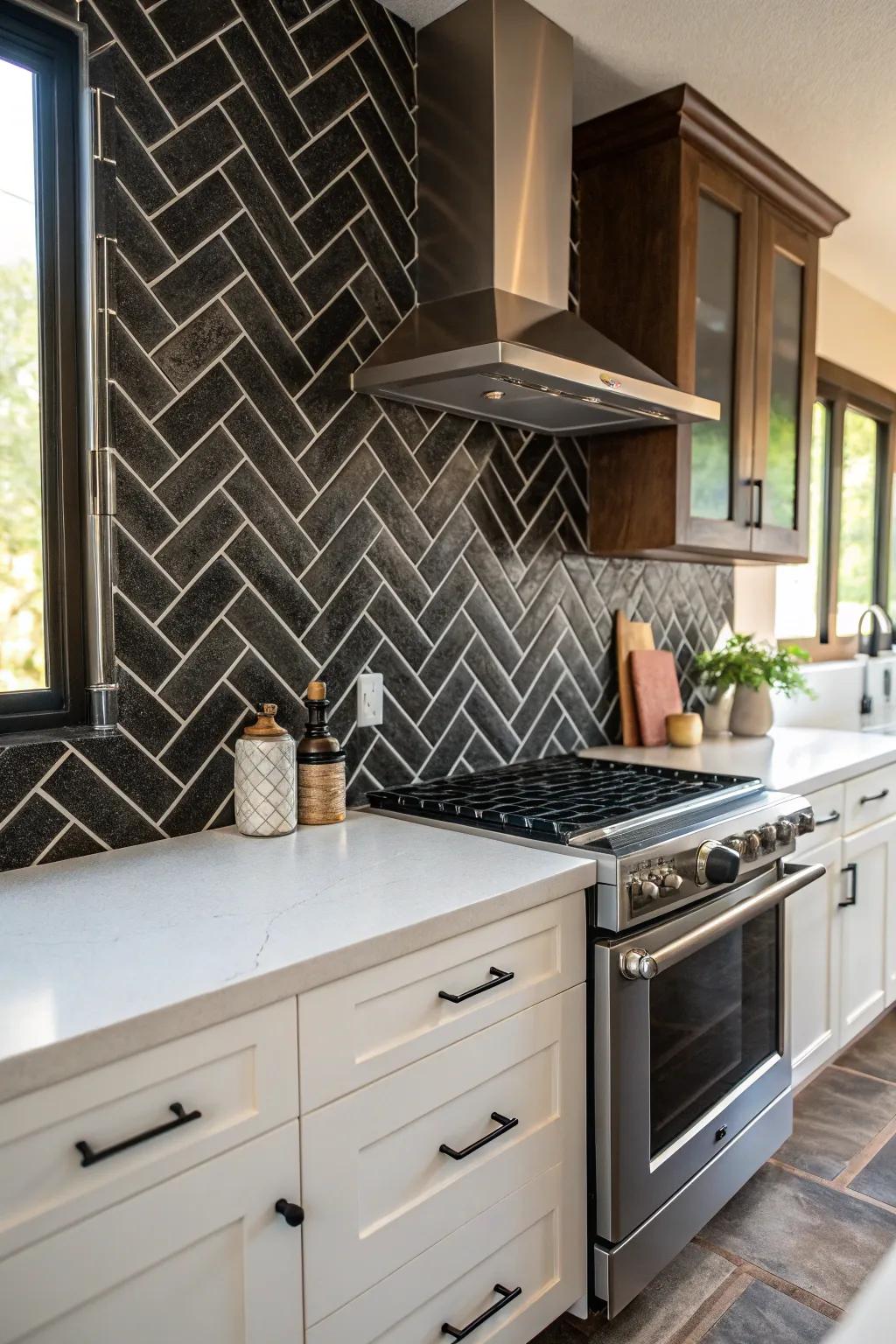 A kitchen design that showcases a dark block backsplash arranged in a slanted pattern for enhanced visual interest.