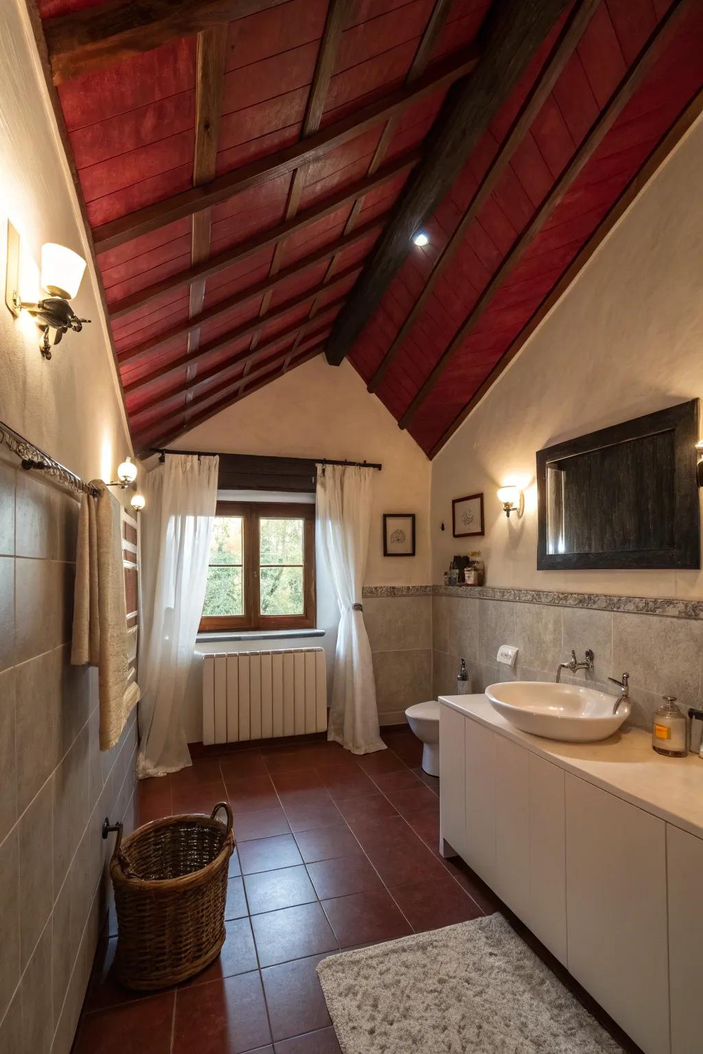 A crimson vault appends a surprising and snug impression to the restroom.