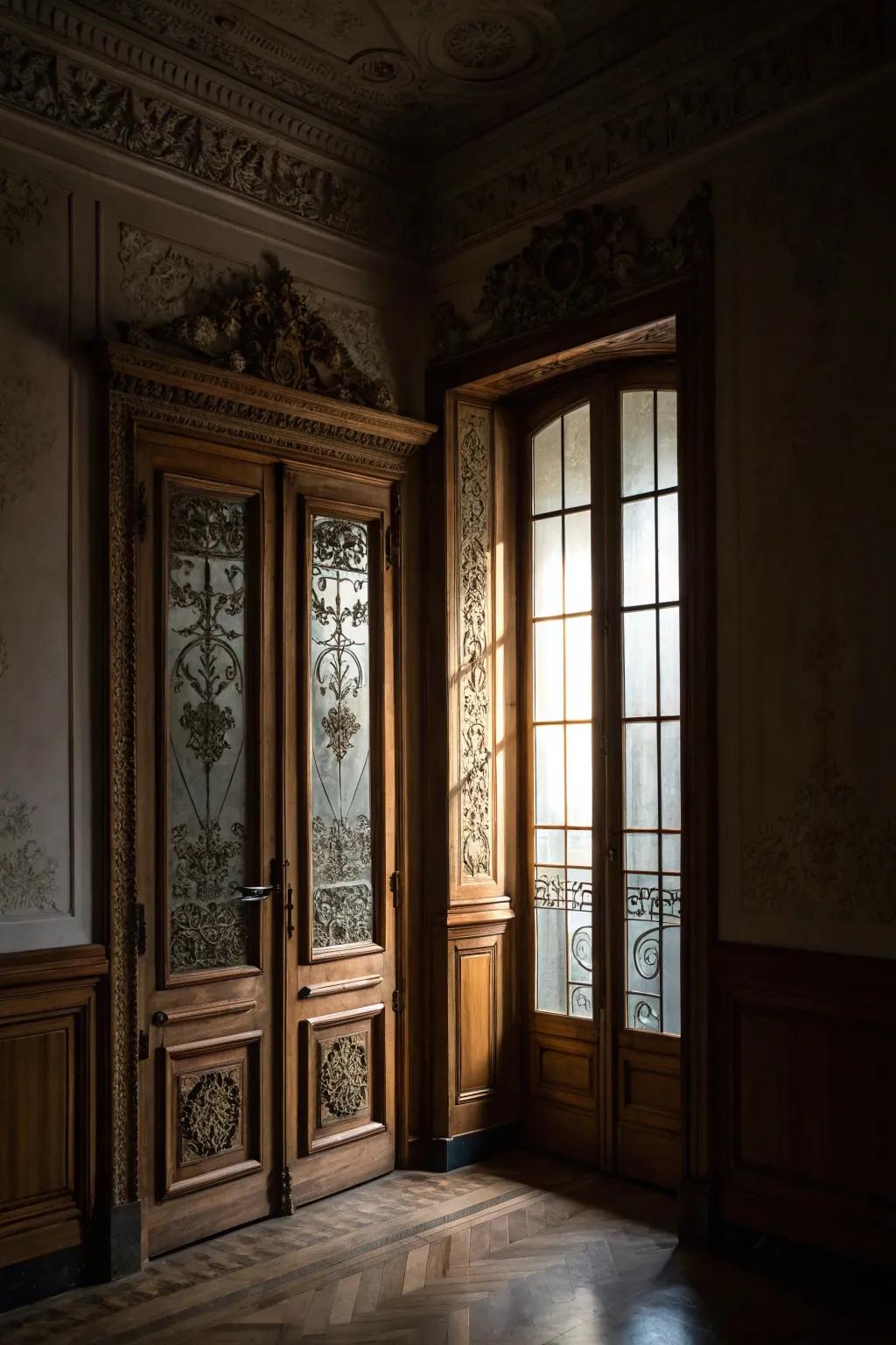 A room showcasing glass paned interior entries.