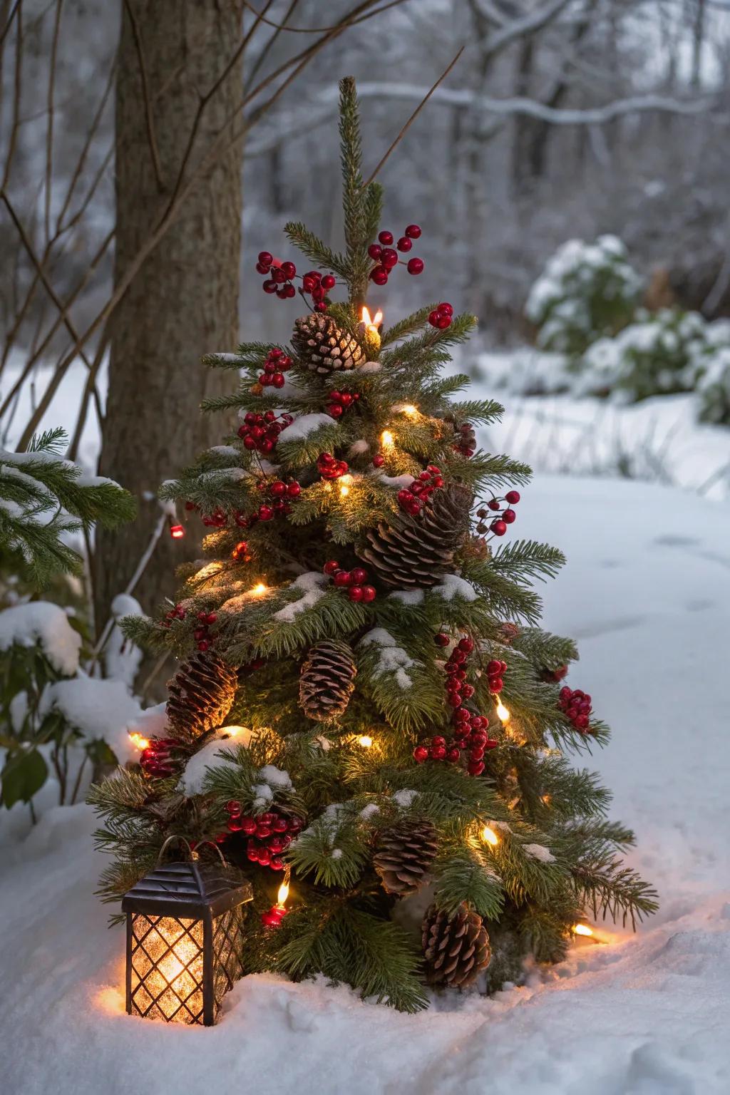A winter berries-themed Christmas tree showcasing natural lights and embellishments.