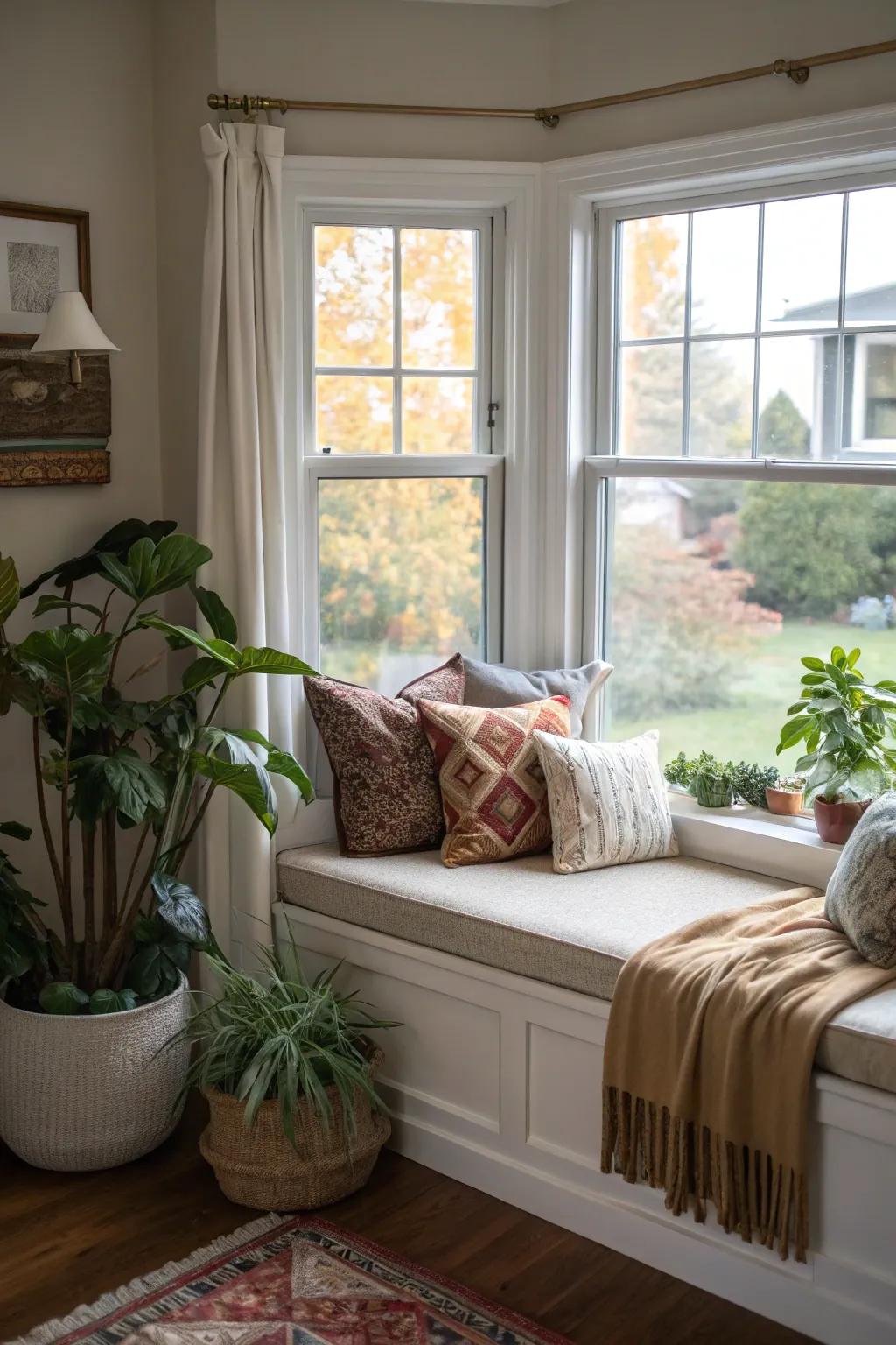 Design a cozy window perch for unwinding.