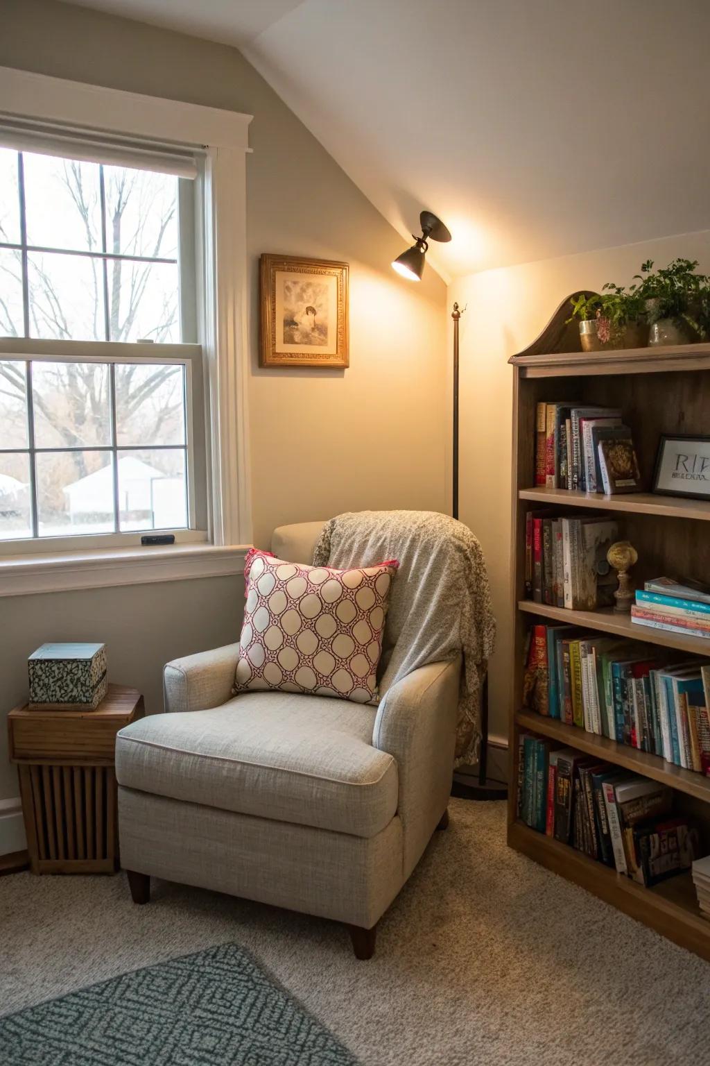 A cozy reading spot transforms a corner of a compact bedroom.
