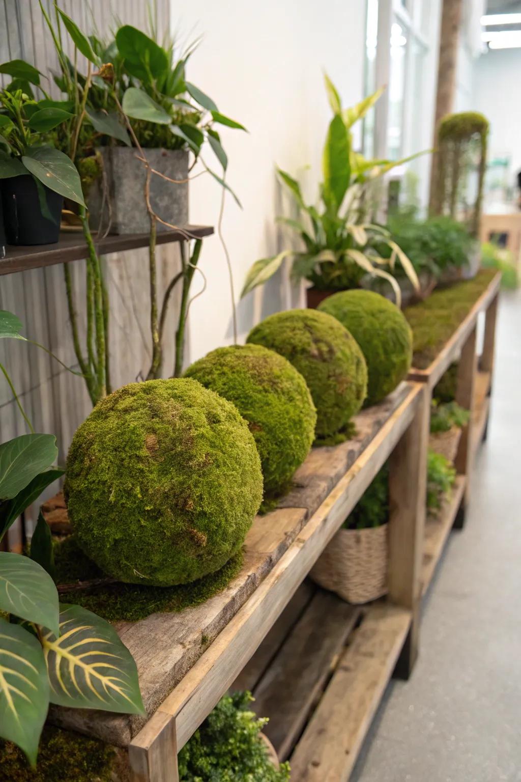 Moss-embellished orbs ushering the garden indoors