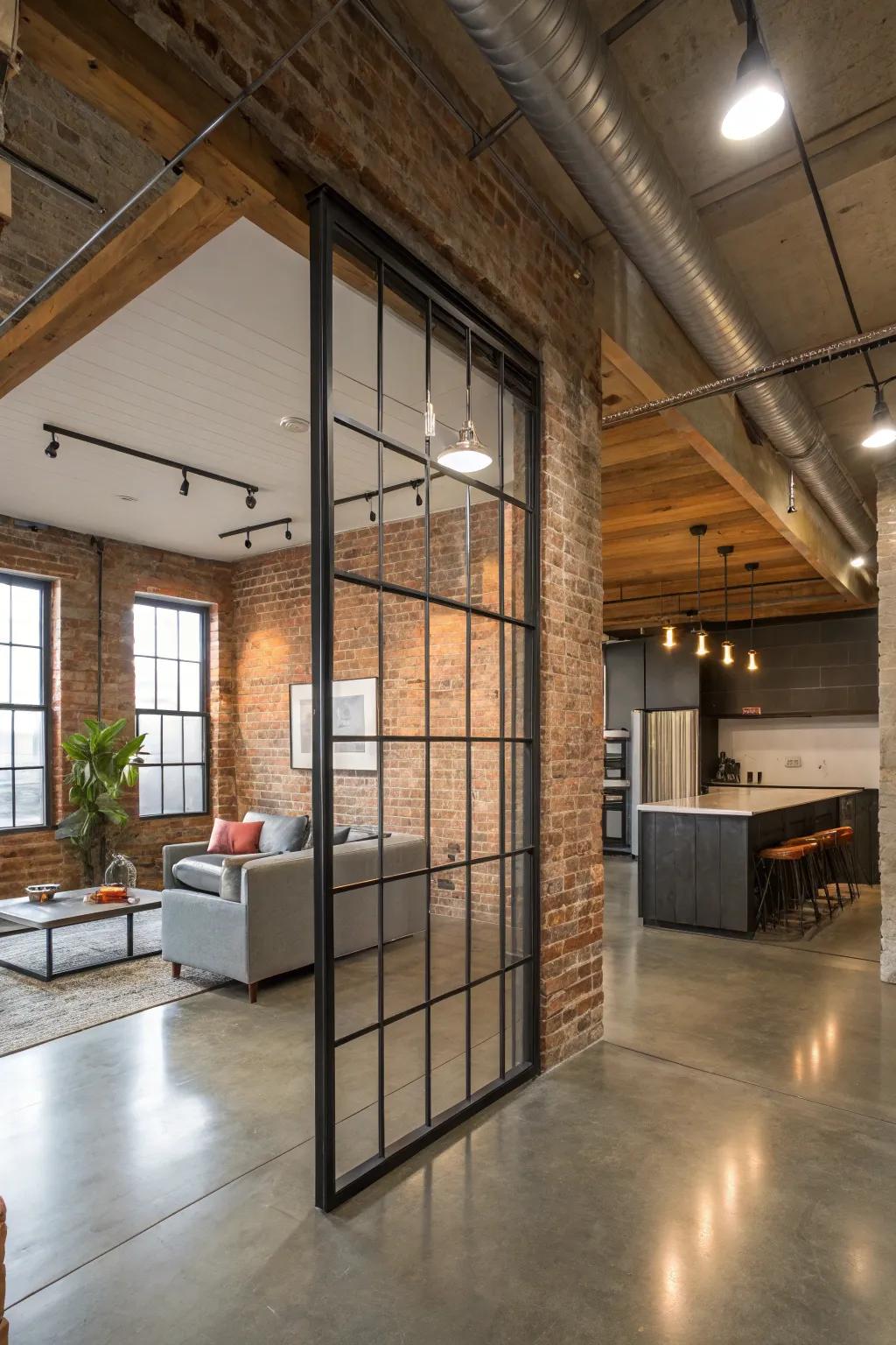 Steel partitions create a modern, industrial aesthetic.