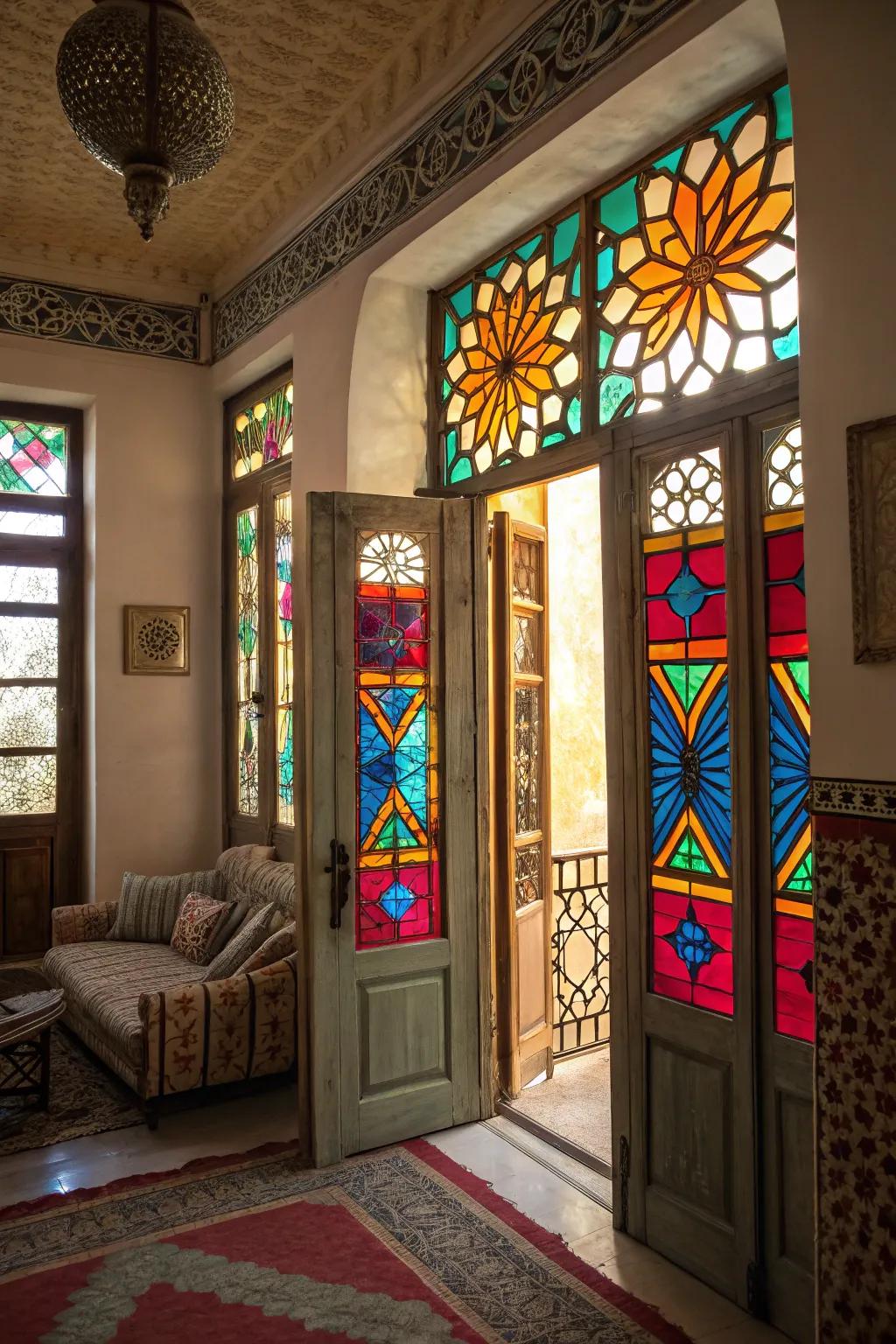 Colorful glass panels inject vibrancy and character.