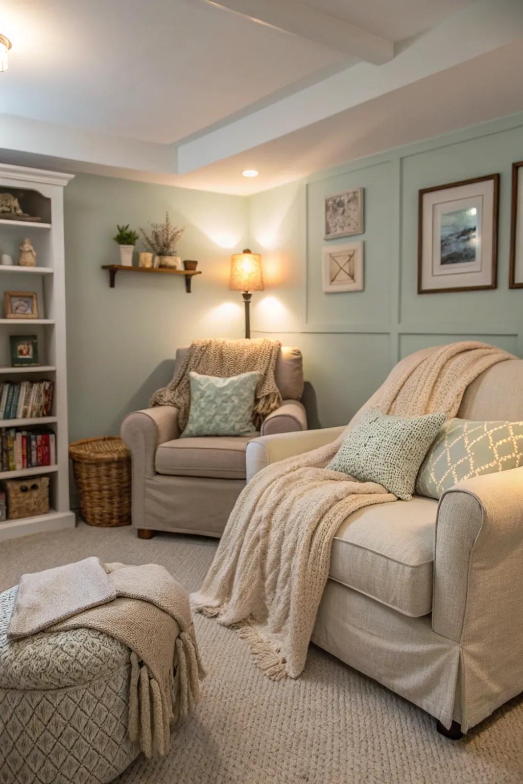 Soft weaves create a peaceful haven in the retreat.