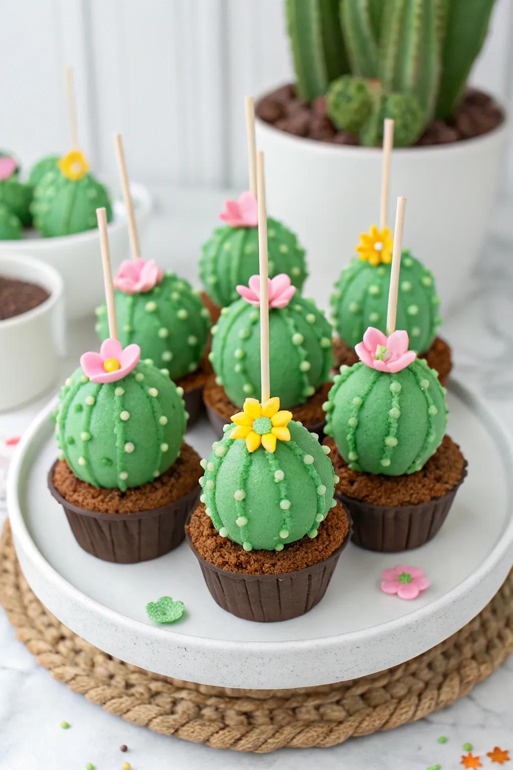 Arid bloom confection orbs ornamented with verdant icing and diminutive fondant flora.