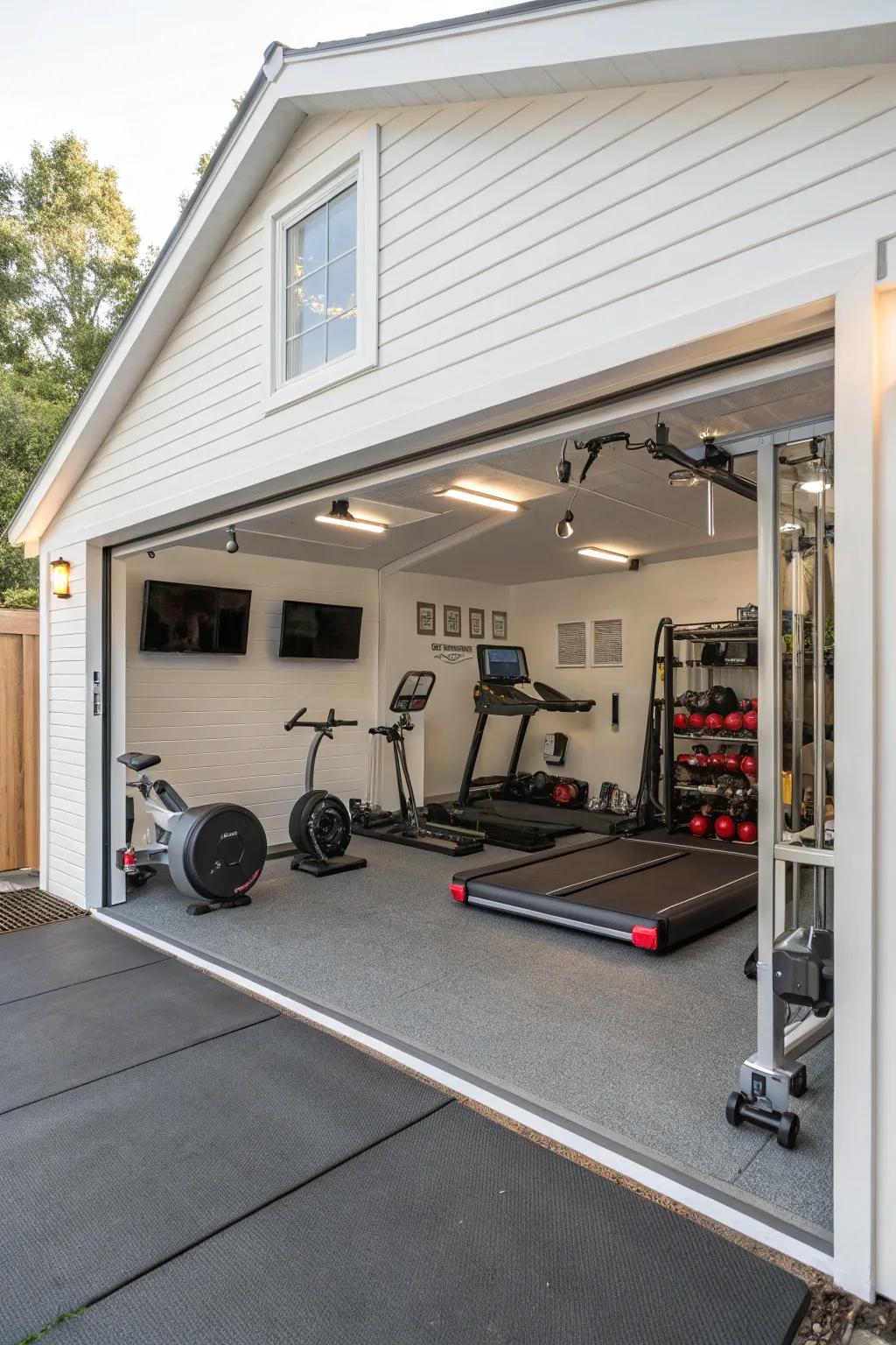 A workout oasis within your garage for fitness enthusiasts.