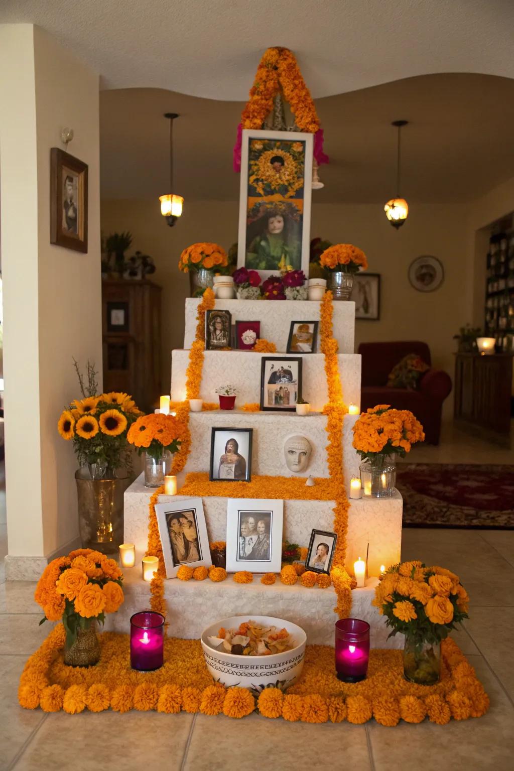 A standing altar adds depth and represents the journey between realms.