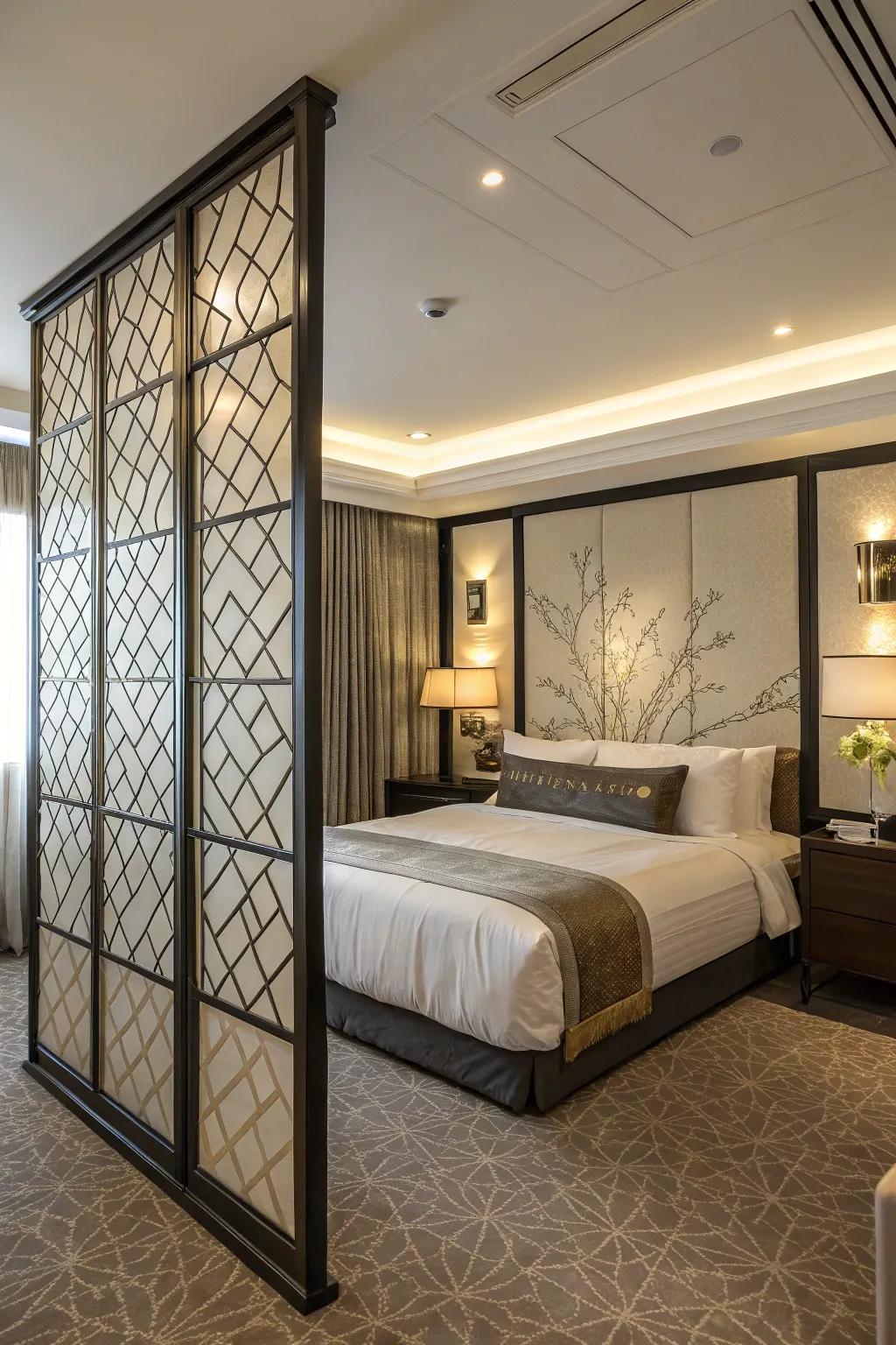 A room divider provides privacy and defines the bed area arranged diagonally.