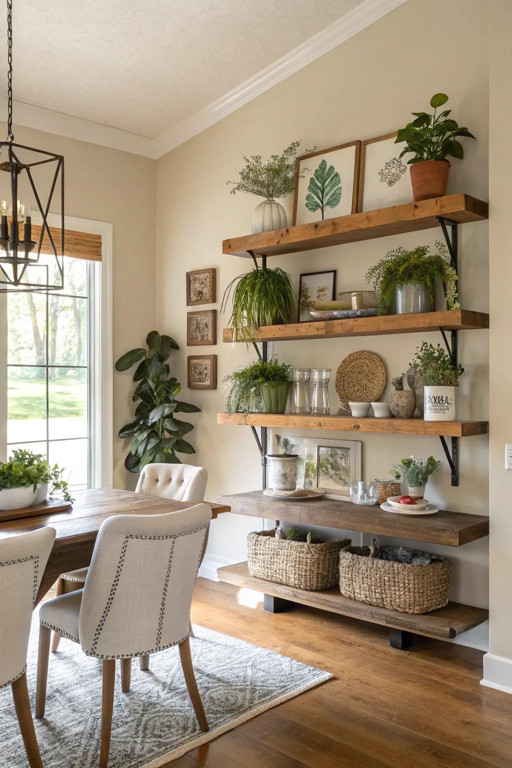 Suspended boards unite flair and utility on feature walls.