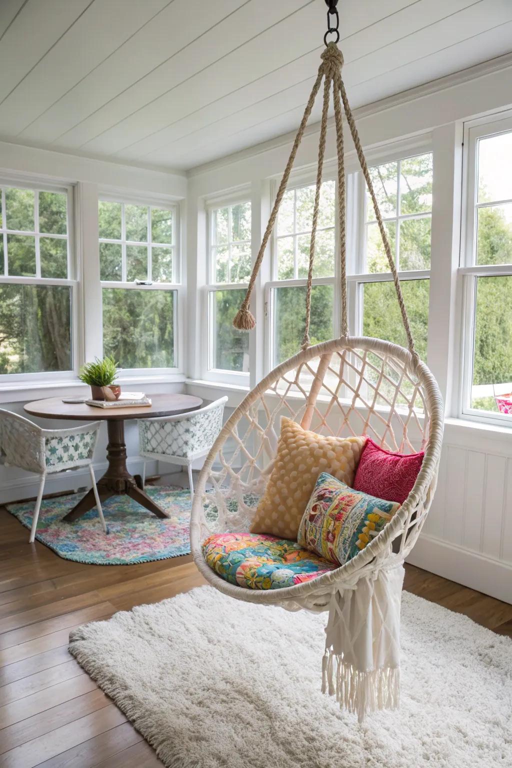 A swing adds a playful and soothing element to the dining room.