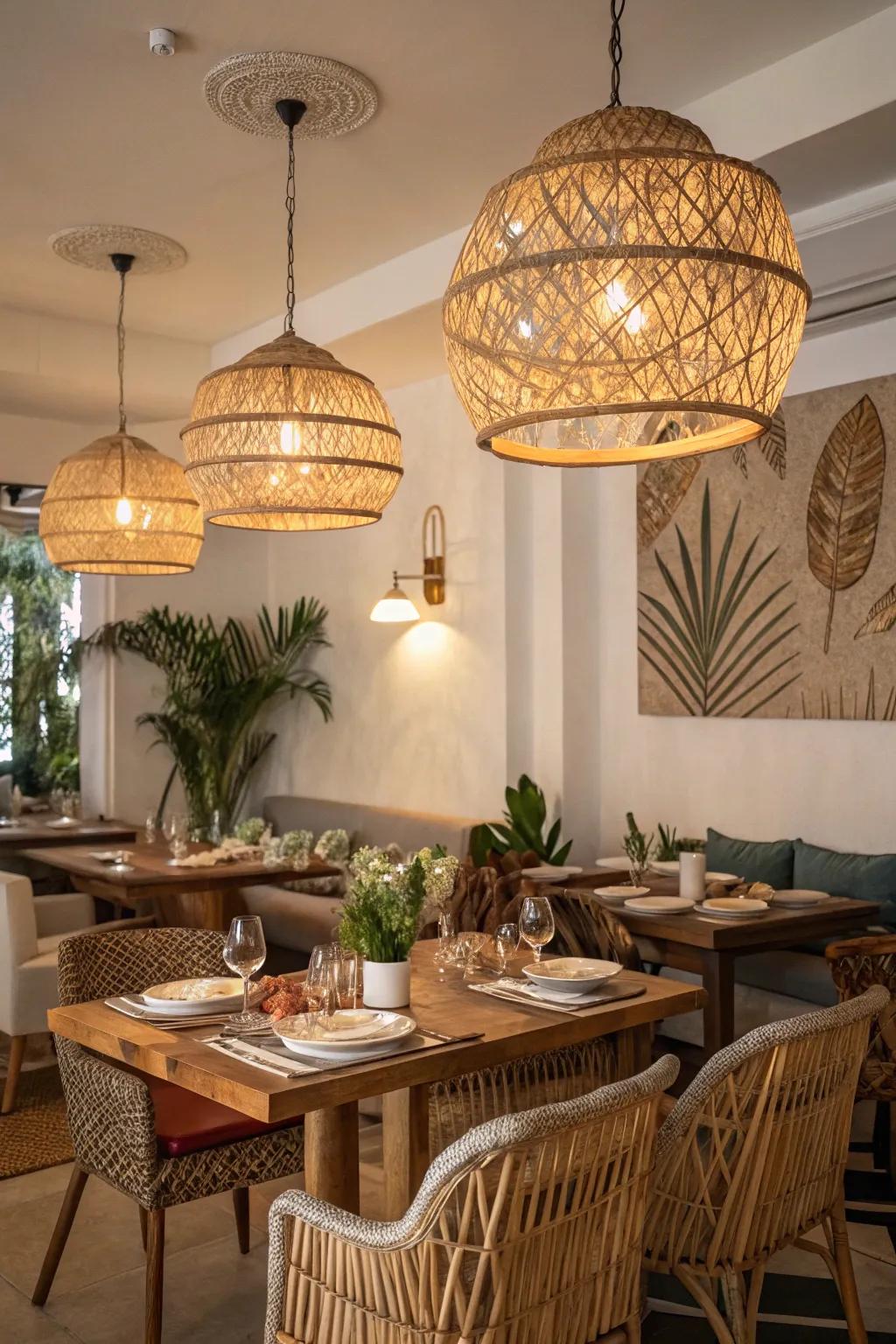 This diverse dining area is given texture and warmth by the boho lighting.