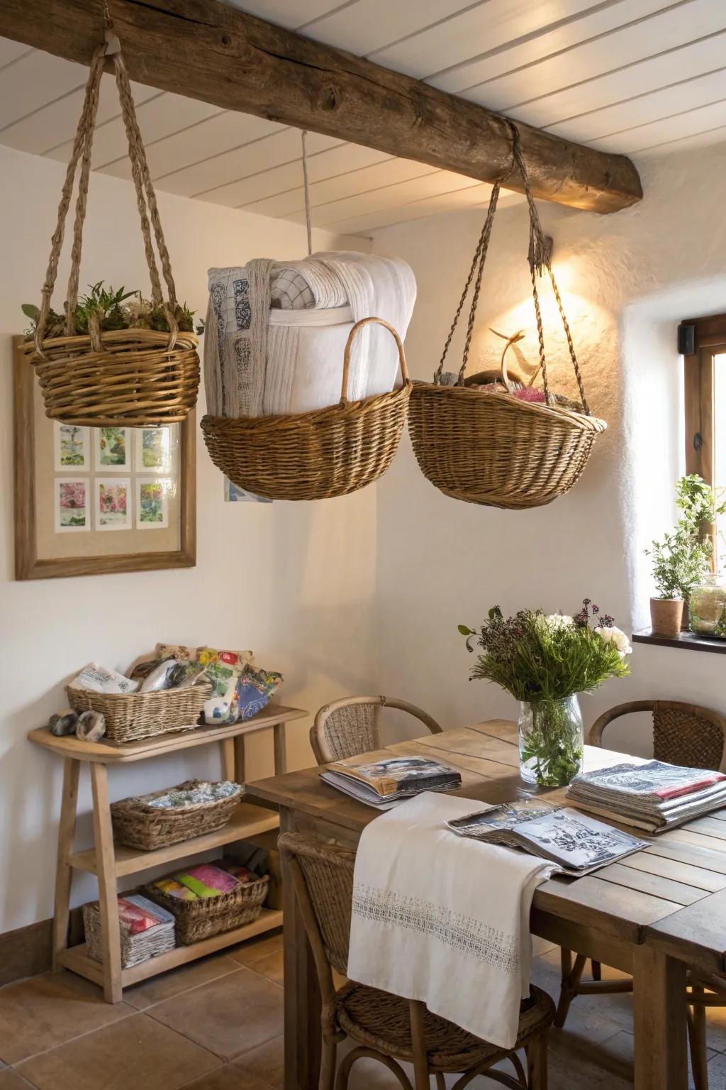 Hanging baskets offer creative storage and infuse a rustic allure into your dining room.