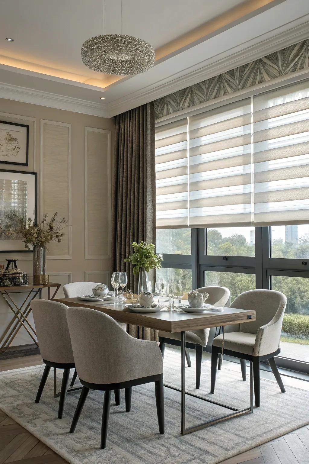 Automation like motorized shades brings current ease to your dining space.