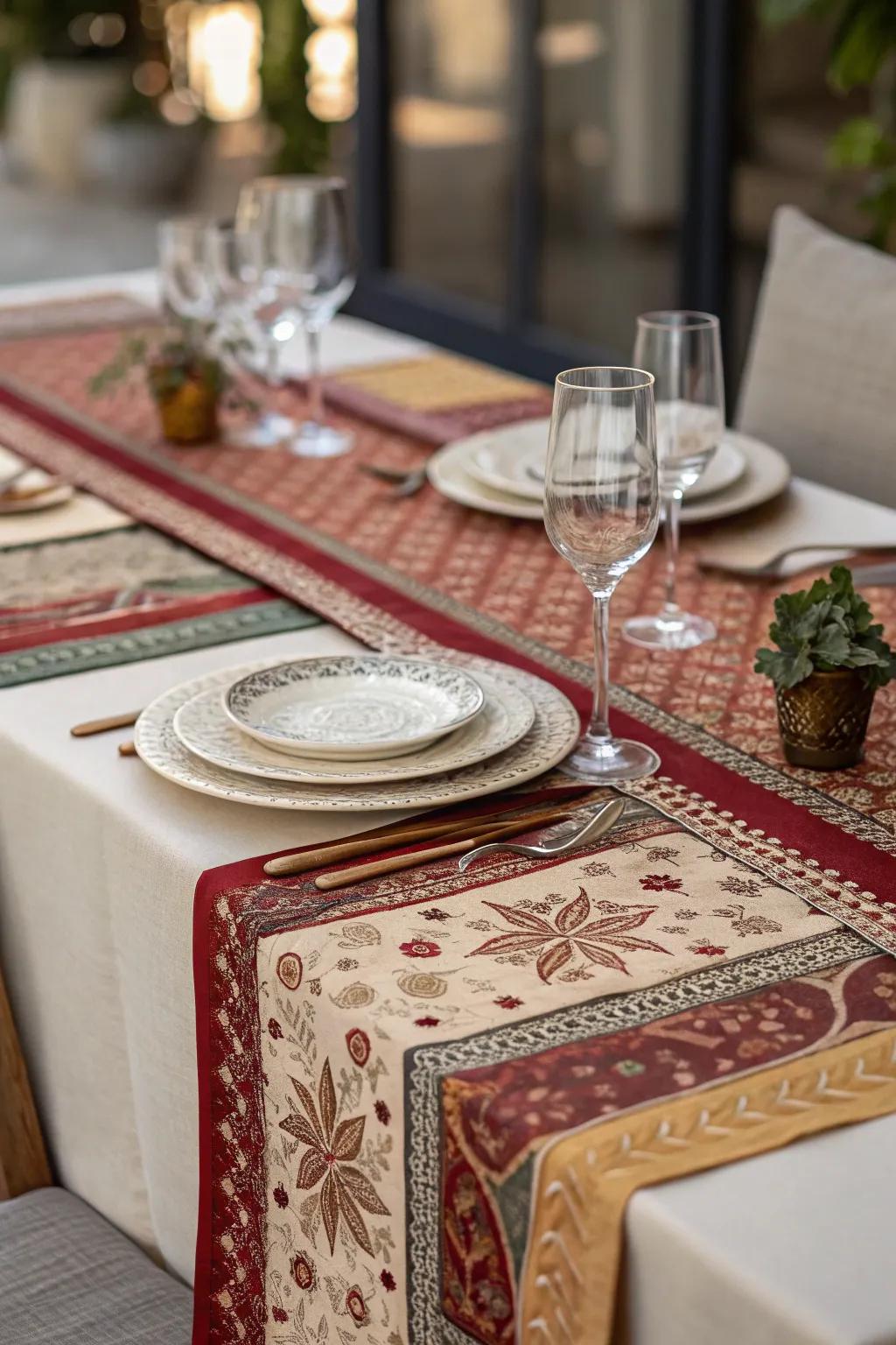 Coordinated materials add depth and warmth to your dining table decor.