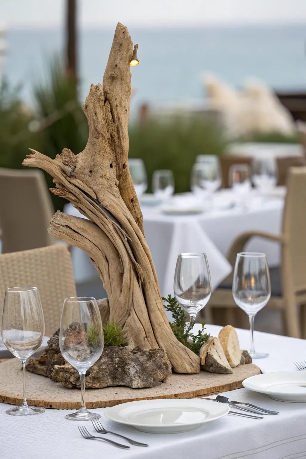 A dining table featuring an unusual centerpiece.