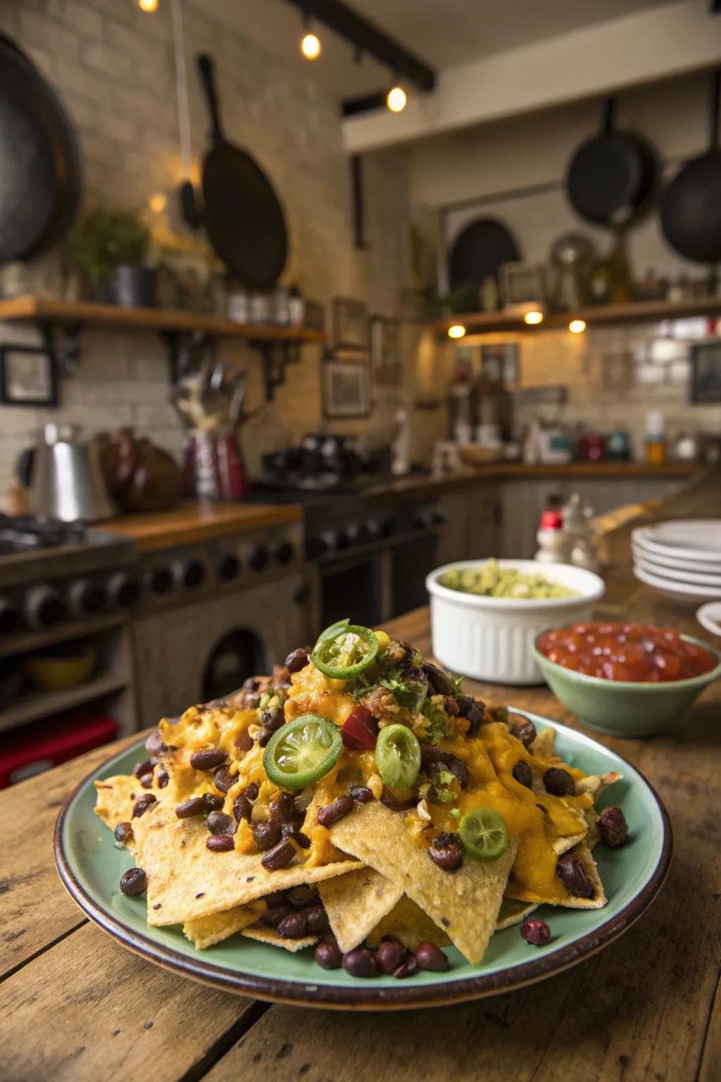 Overstuffed nachos contribute a cheerful and shareable meal.