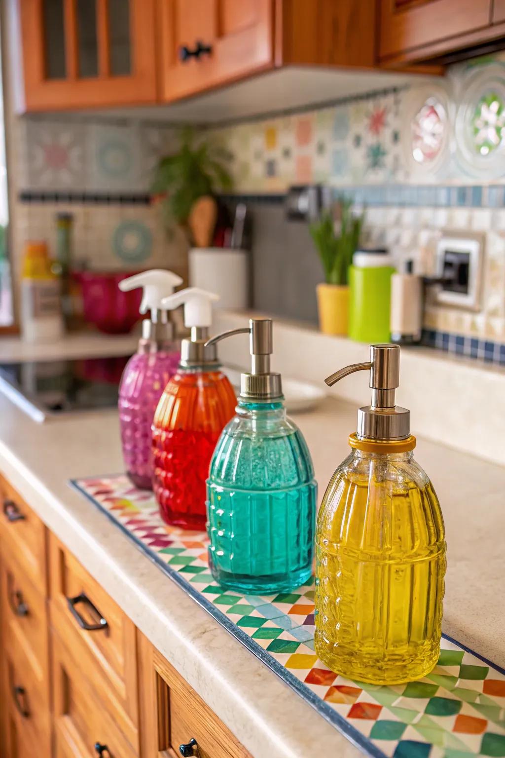 Multihued glass dispensers inject a playful splash of color.