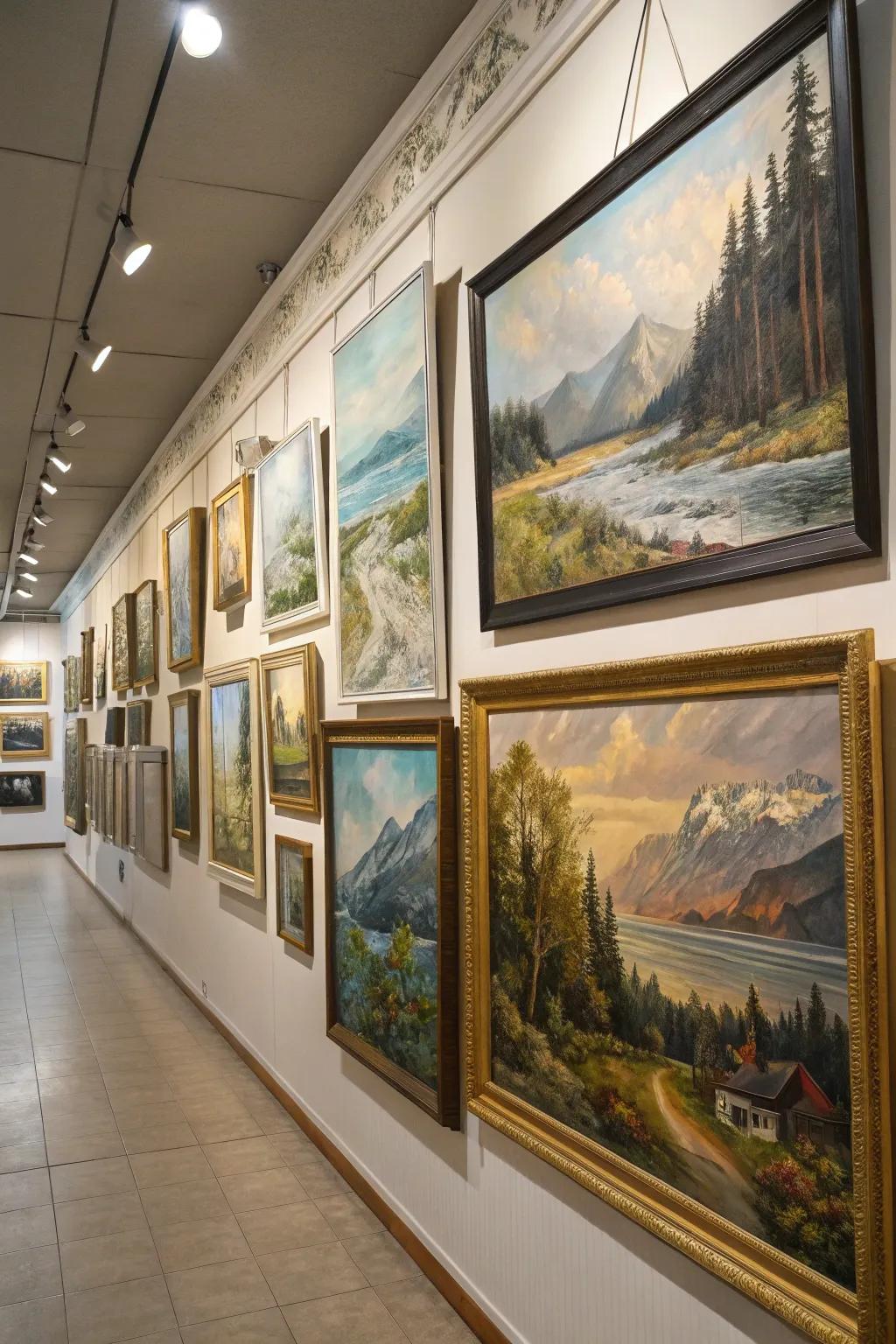 Display wall featuring paintings of diverse global terrains.