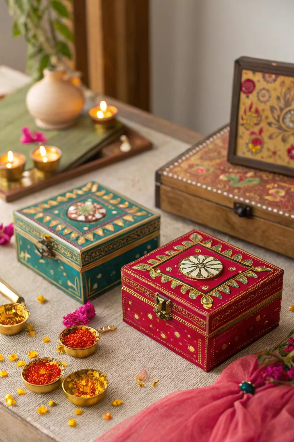Intricately detailed treasure chests serve as unique decor pieces on the Diwali table.