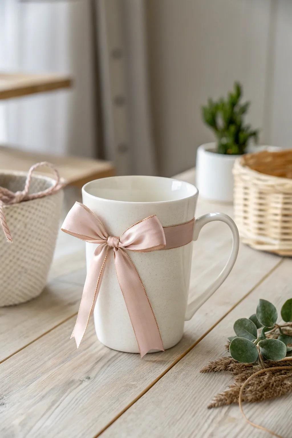With a charming ribbon tie accent, you can dress up your mug for the holidays!
