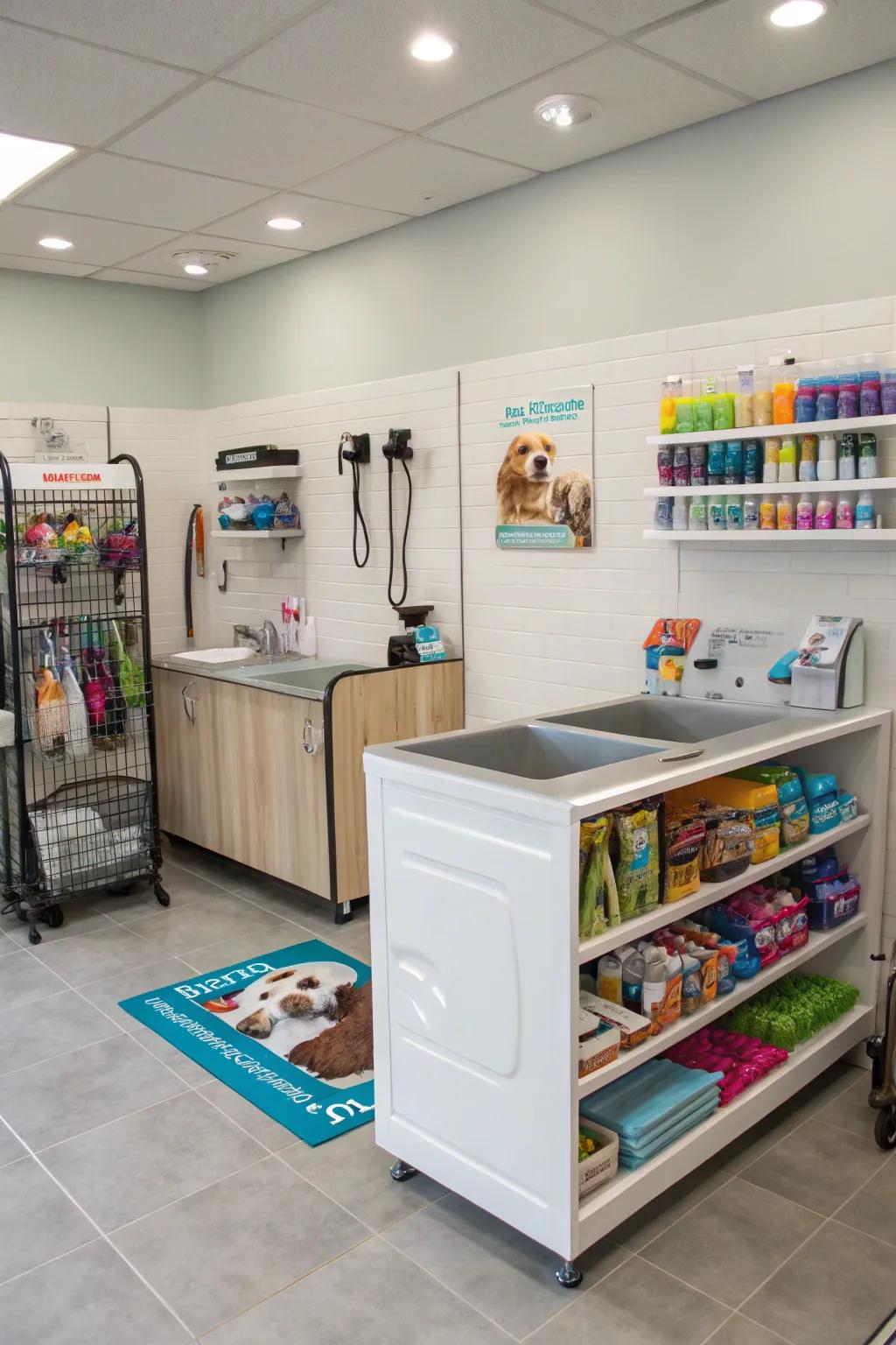 A functional retail alcove showcasing enticing pet commodities.