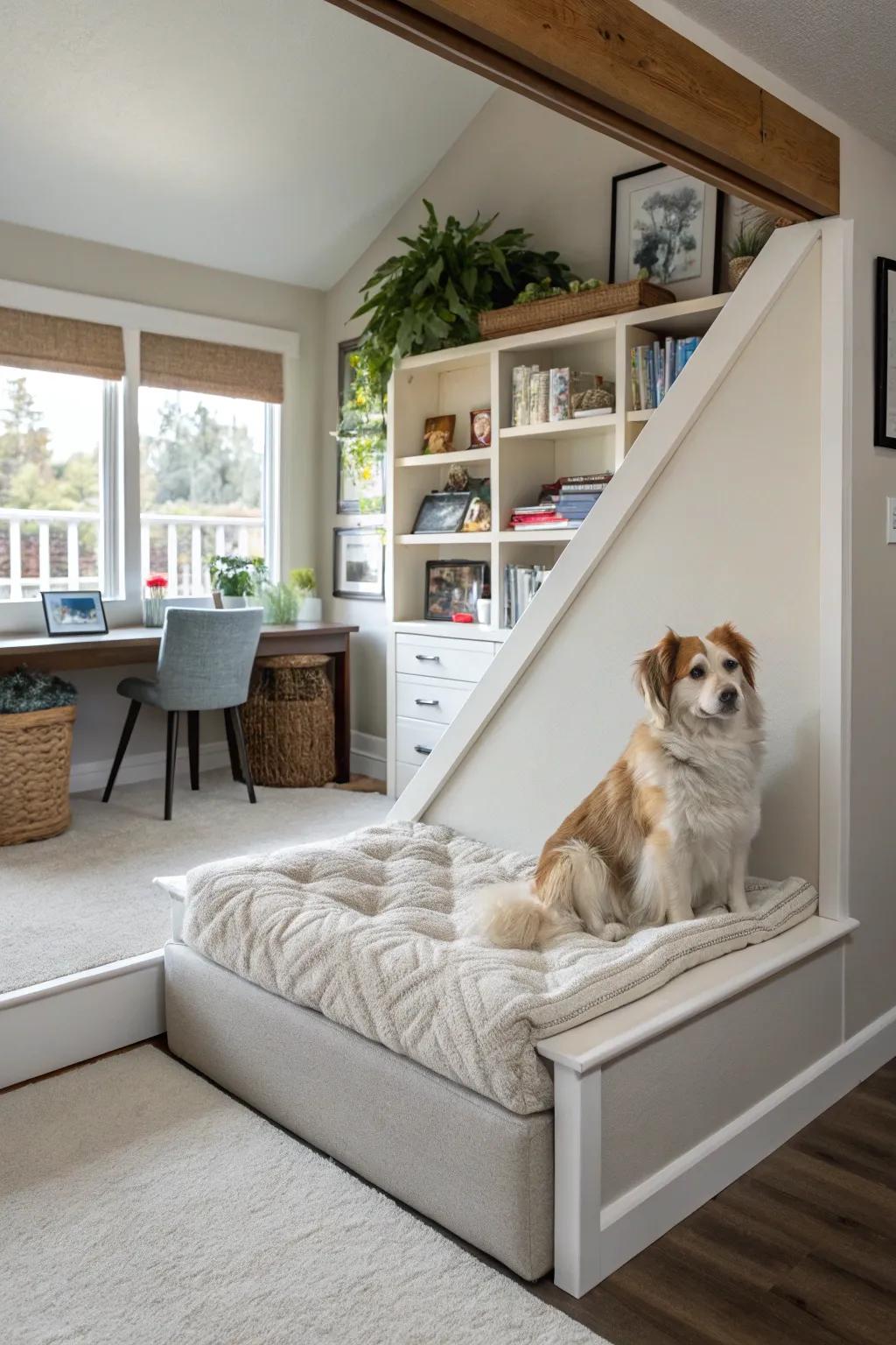 An elevated stage canine niche showcasing a lavish bed and a majestic vista of the chamber.