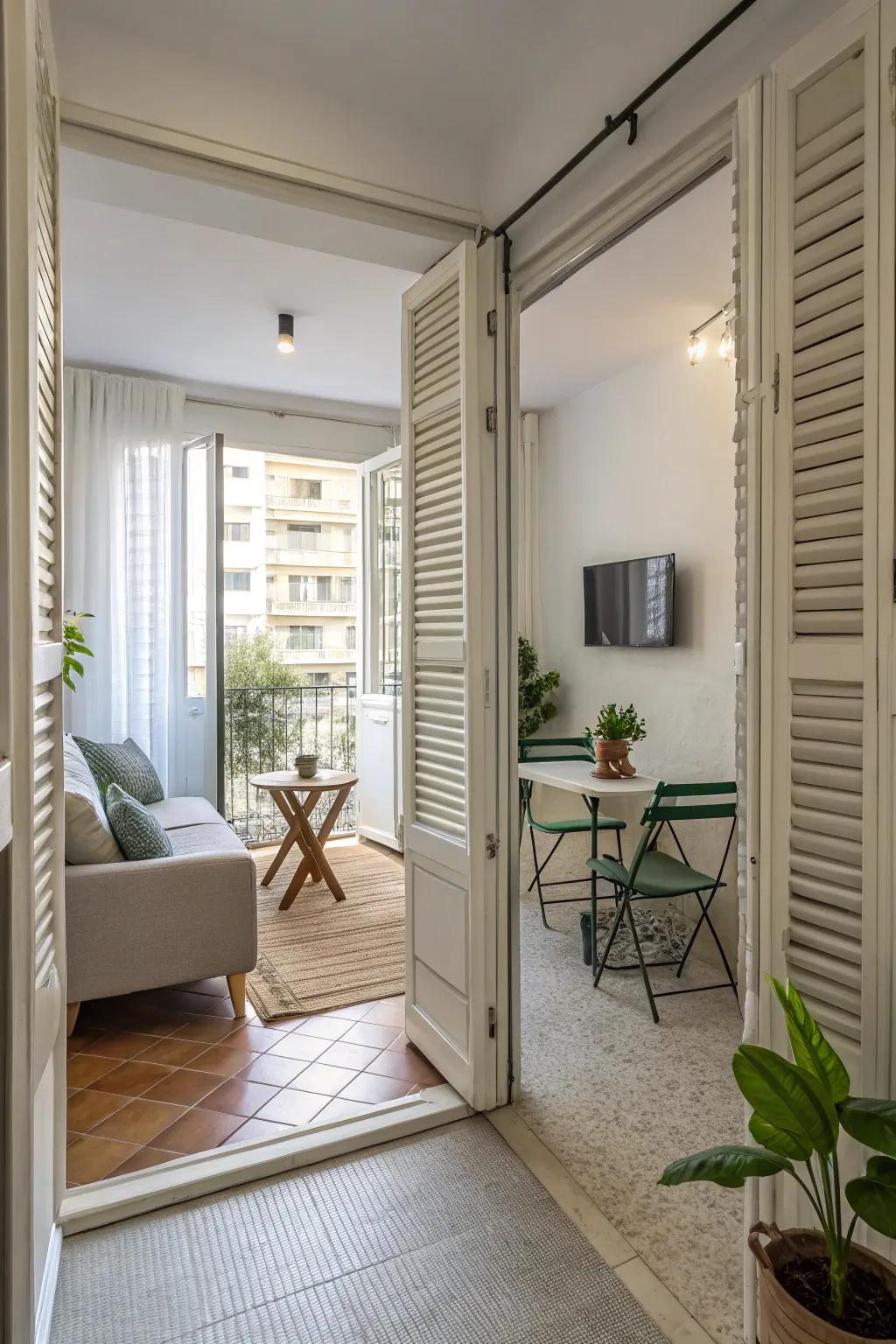 Slatted doors ensure ventilation and separation in this airy studio apartment.