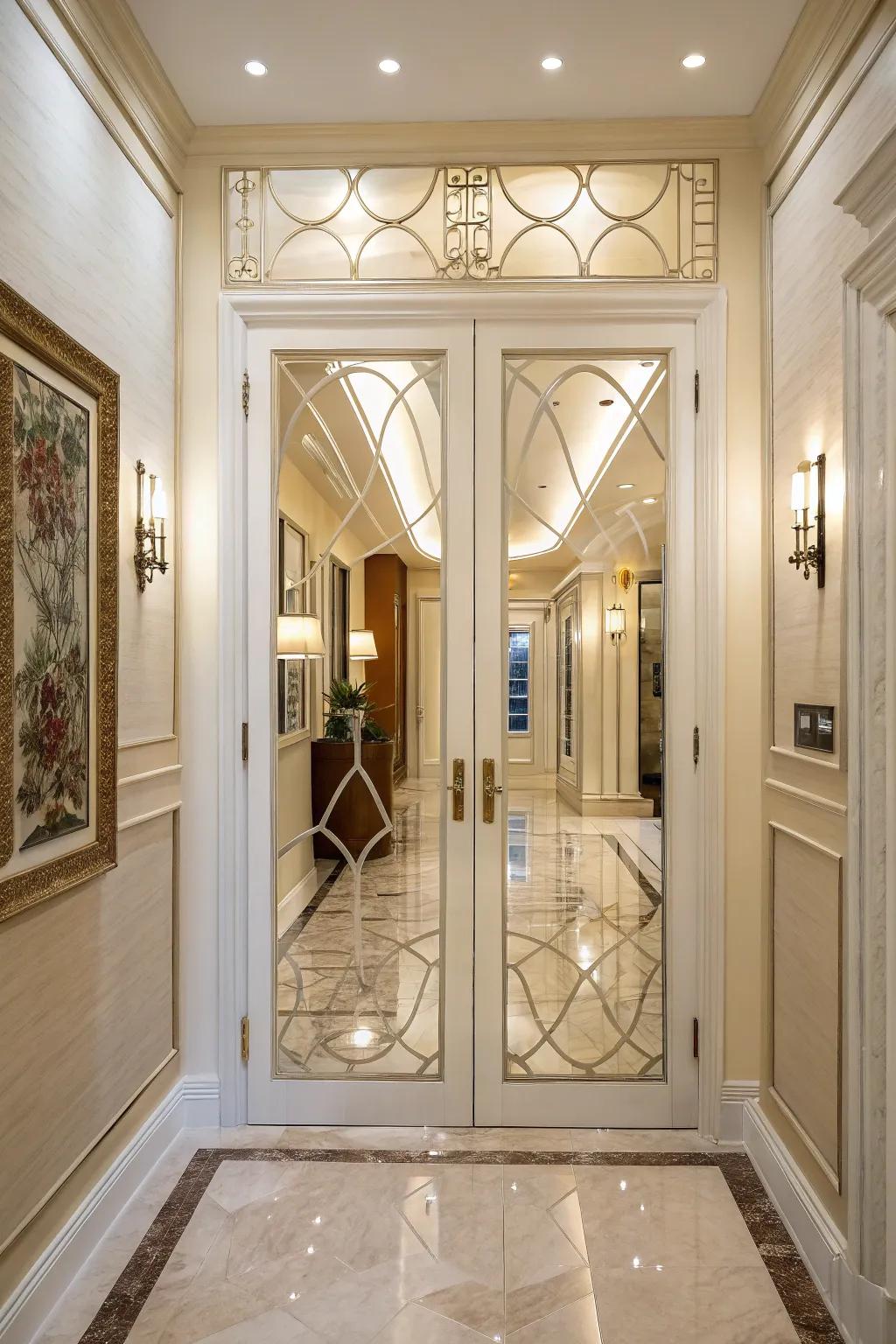 Capacious sophistication utilizing mirror panel fixtures.