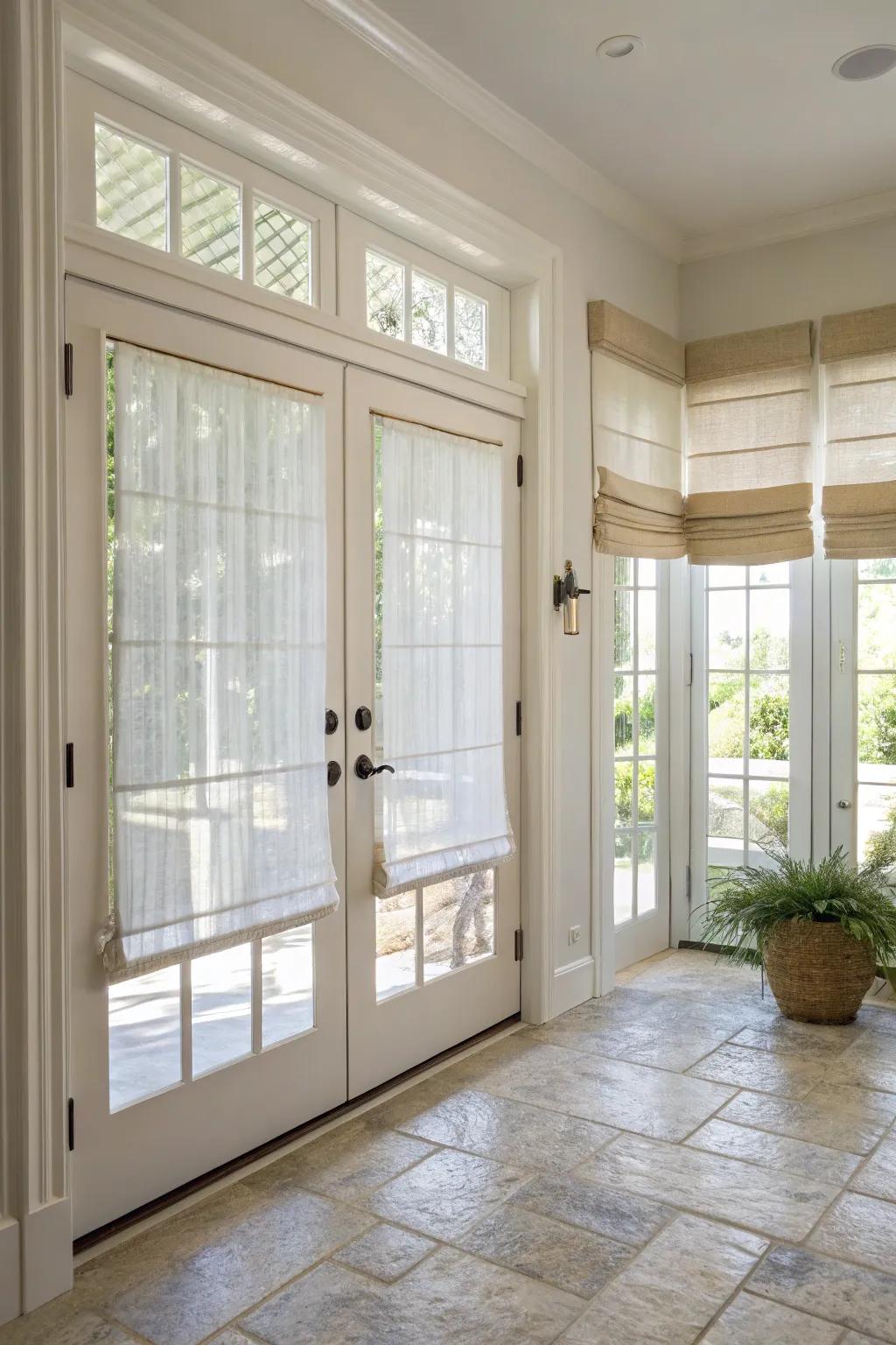 Sheer shades furnish diffused light and privacy for door windows.