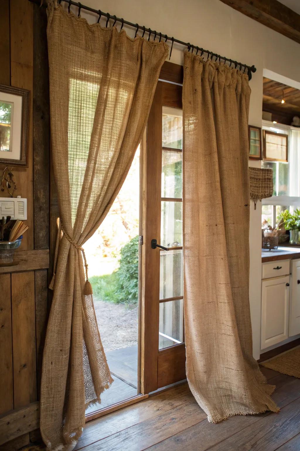 Coarse cloth drapes lend country warmth and texture.