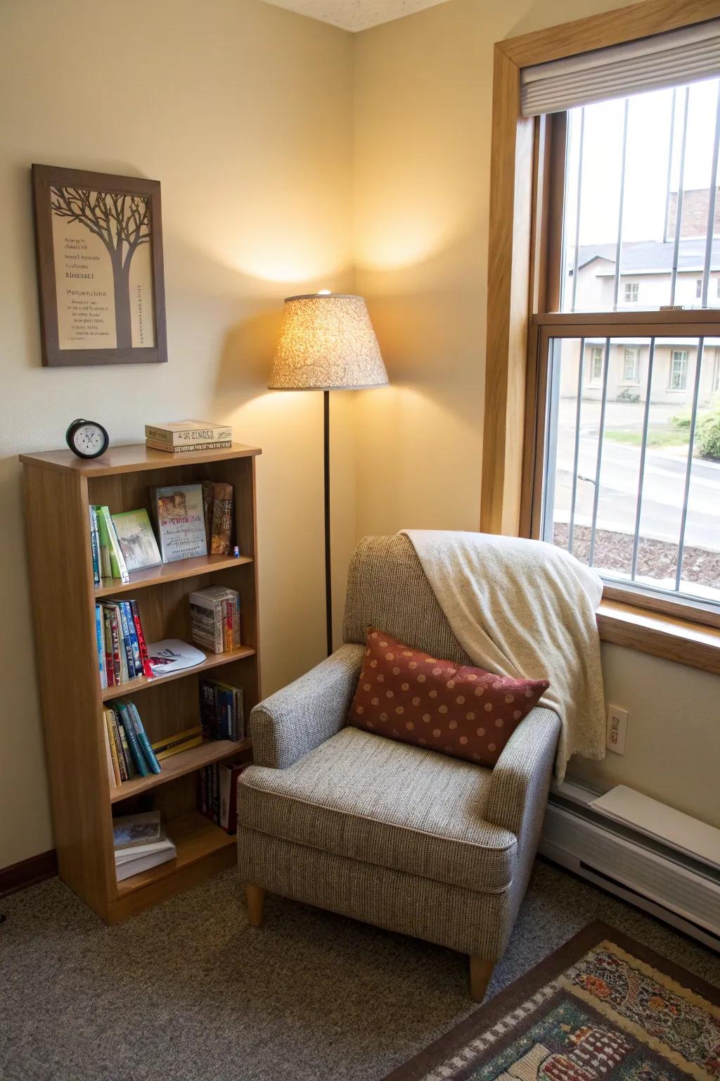 A comfortable reading space offers a tranquil refuge in your dorm.