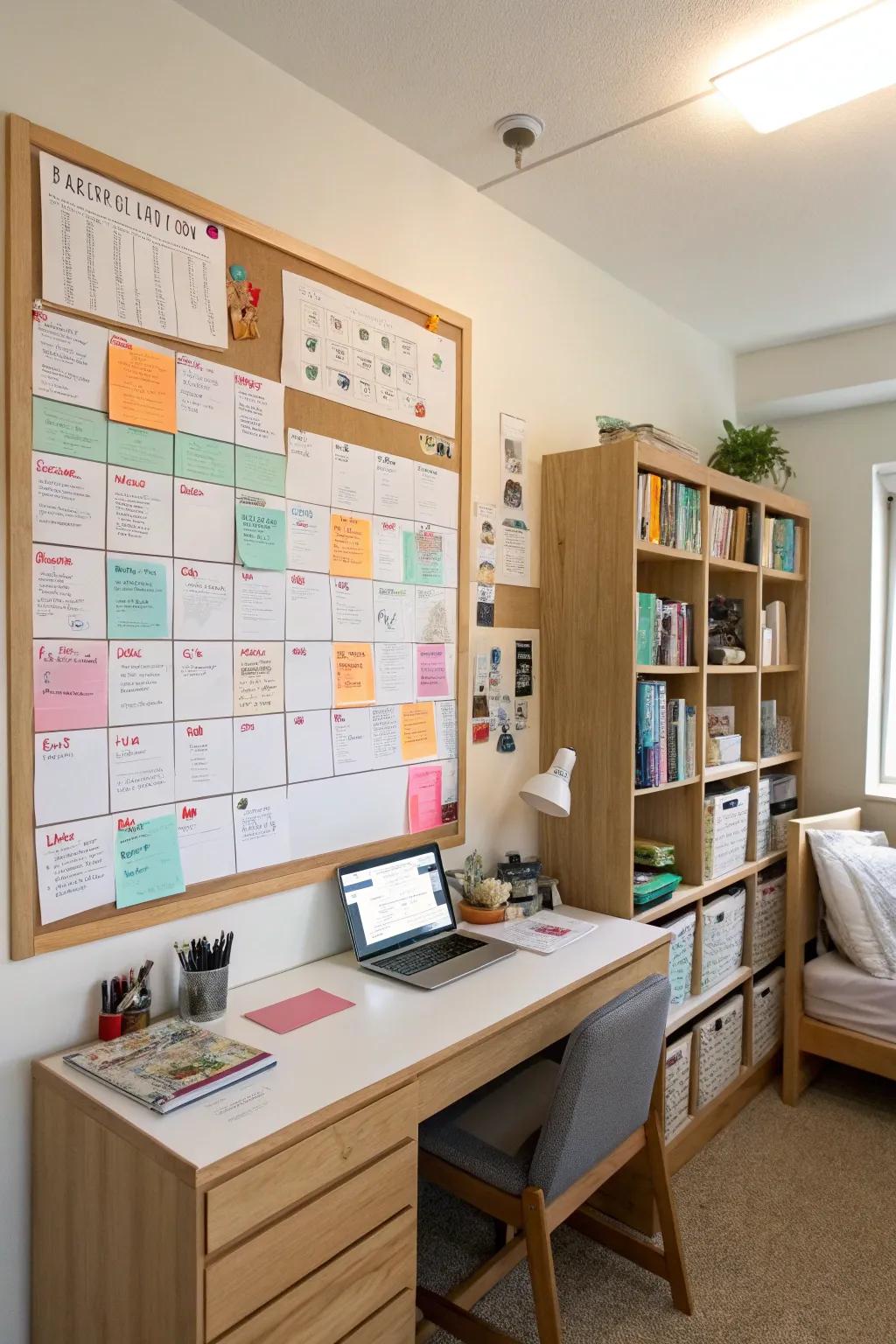 A memo board helps keep the dorm space coordinated and efficient.