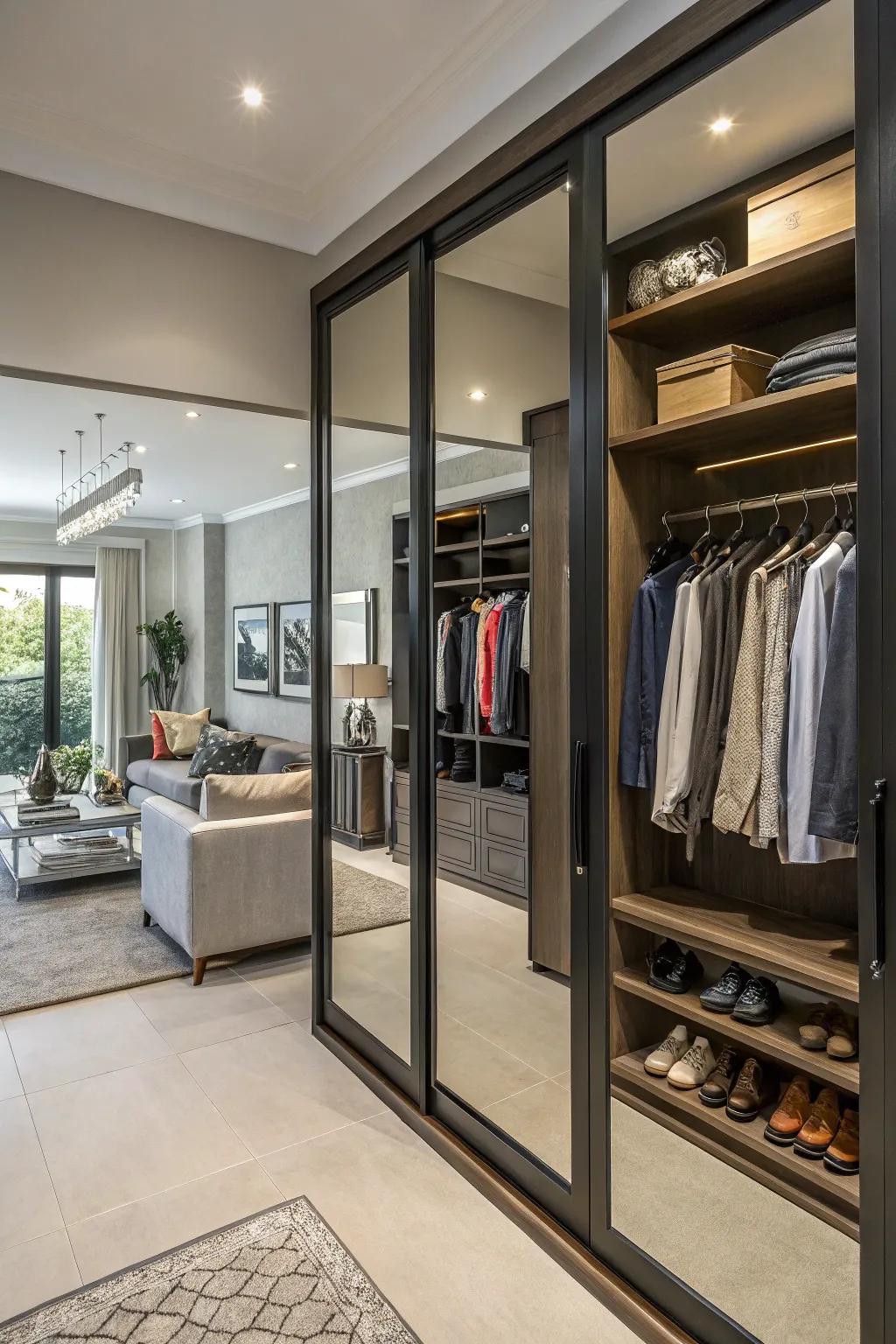 Mirrored panels boost a double closet's style and function.