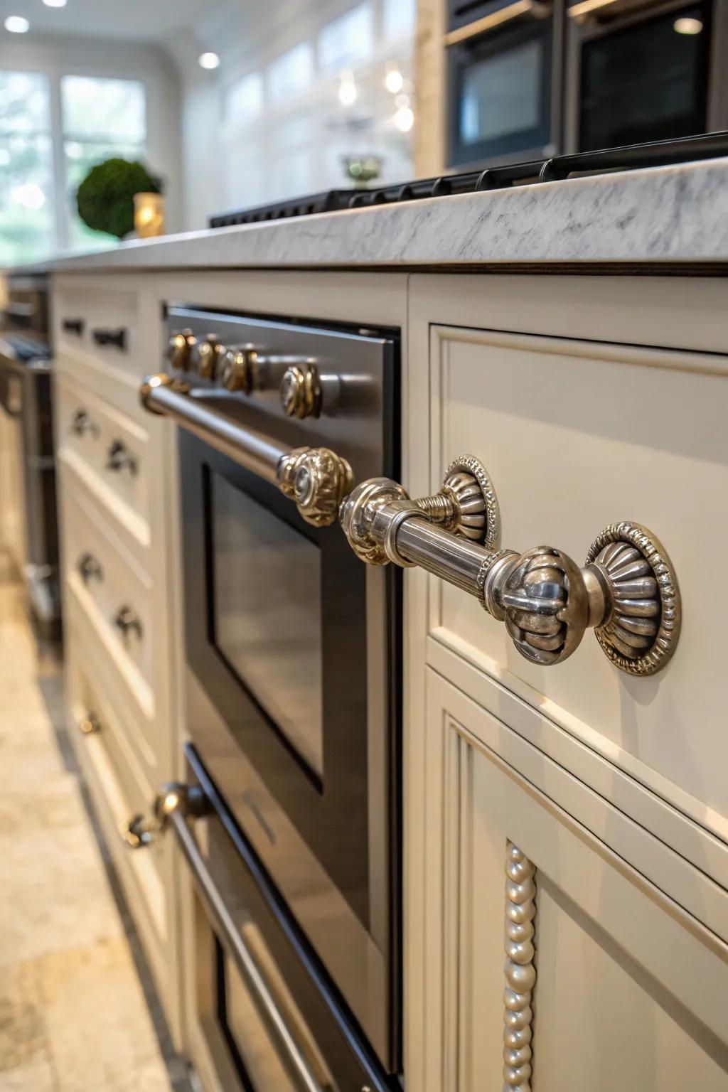 A detail shot of statement handles adorning a tandem oven cabinet, showcasing exceptional design nuances.
