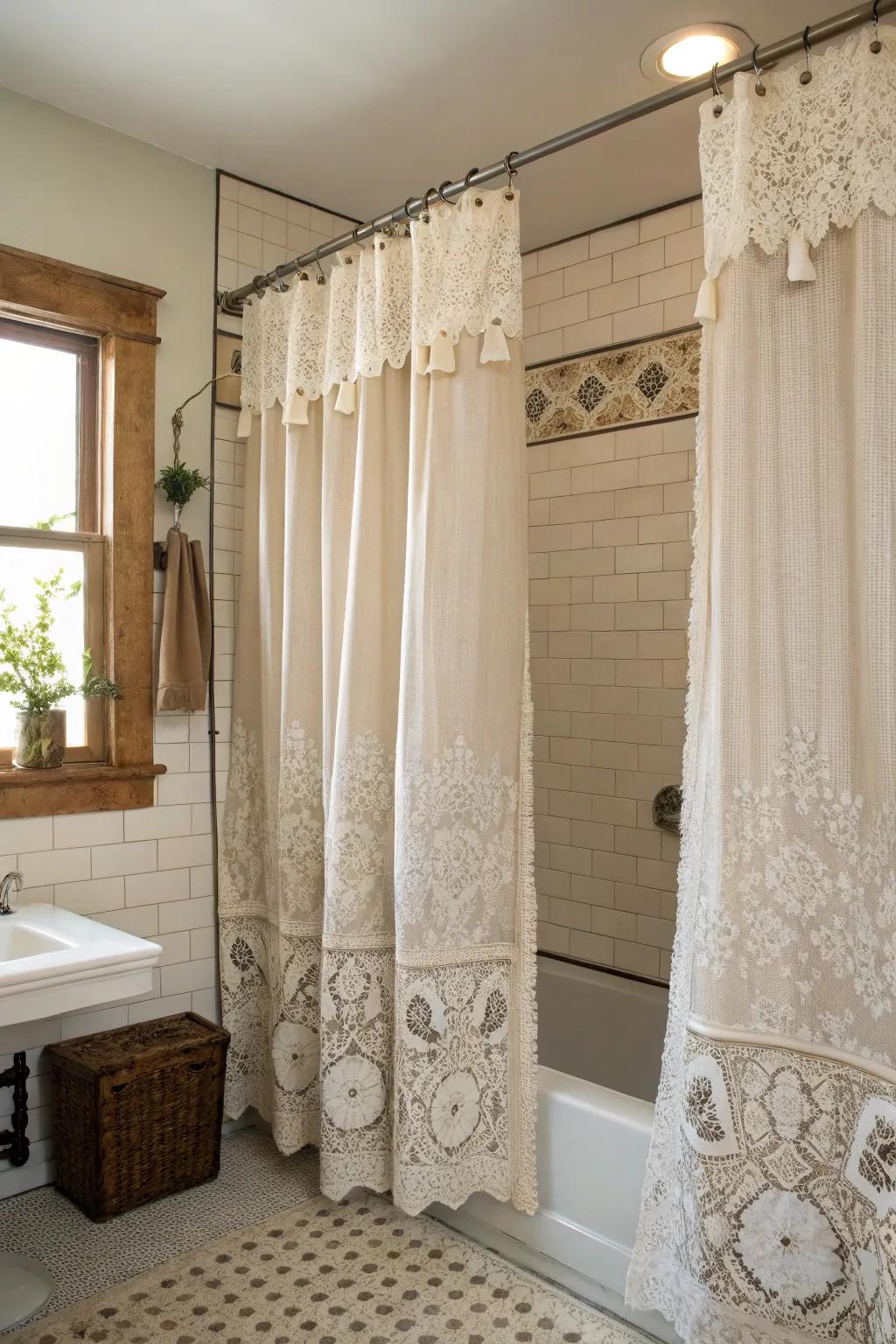 Patterned accent curtains add a vintage charm to your bathroom decor.